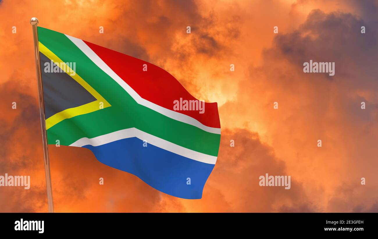South Africa flag on pole. Dramatic background. National flag of South