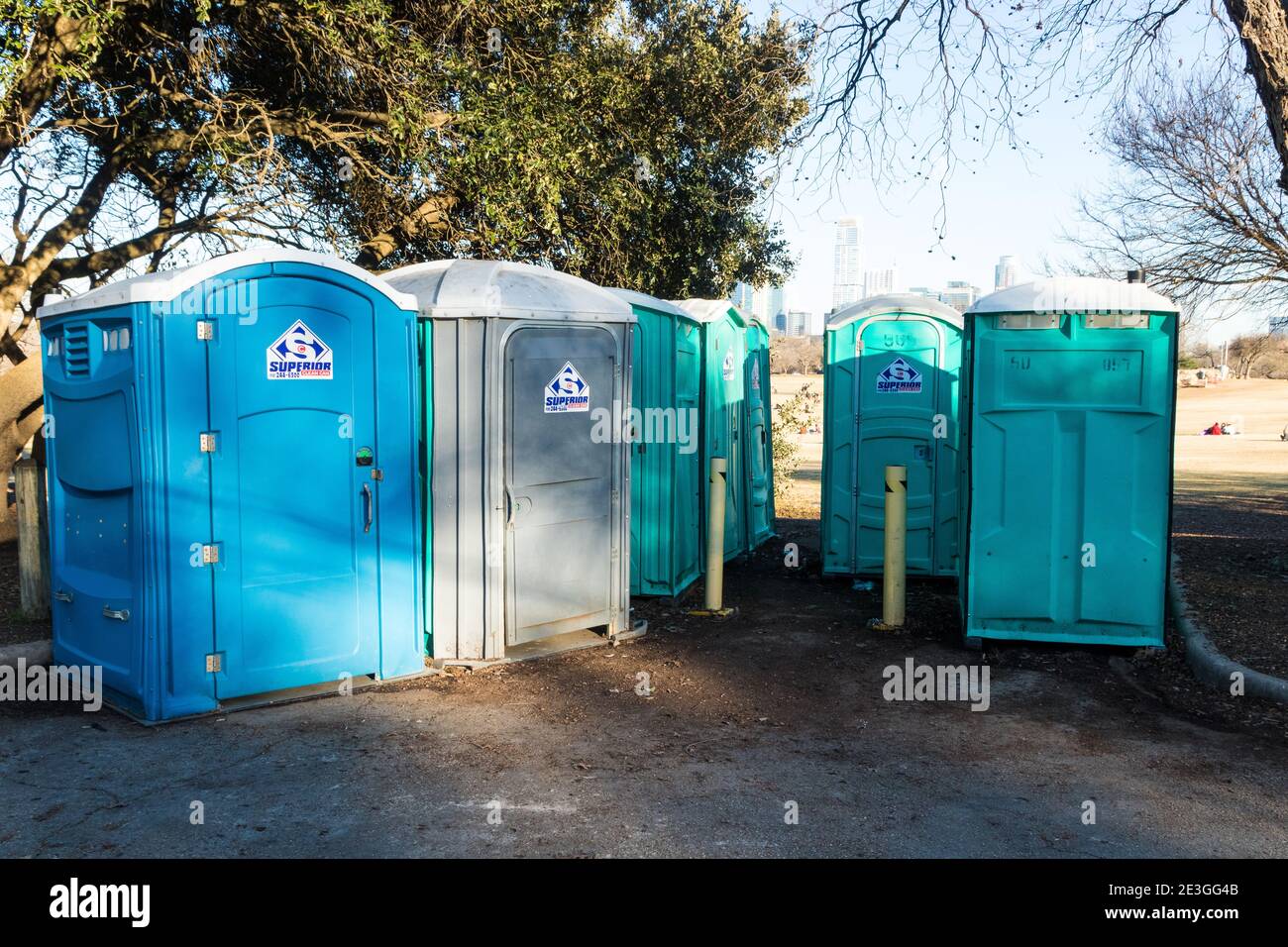 Porta Potties in Zilker Park in Austin, Texas Stock Photo