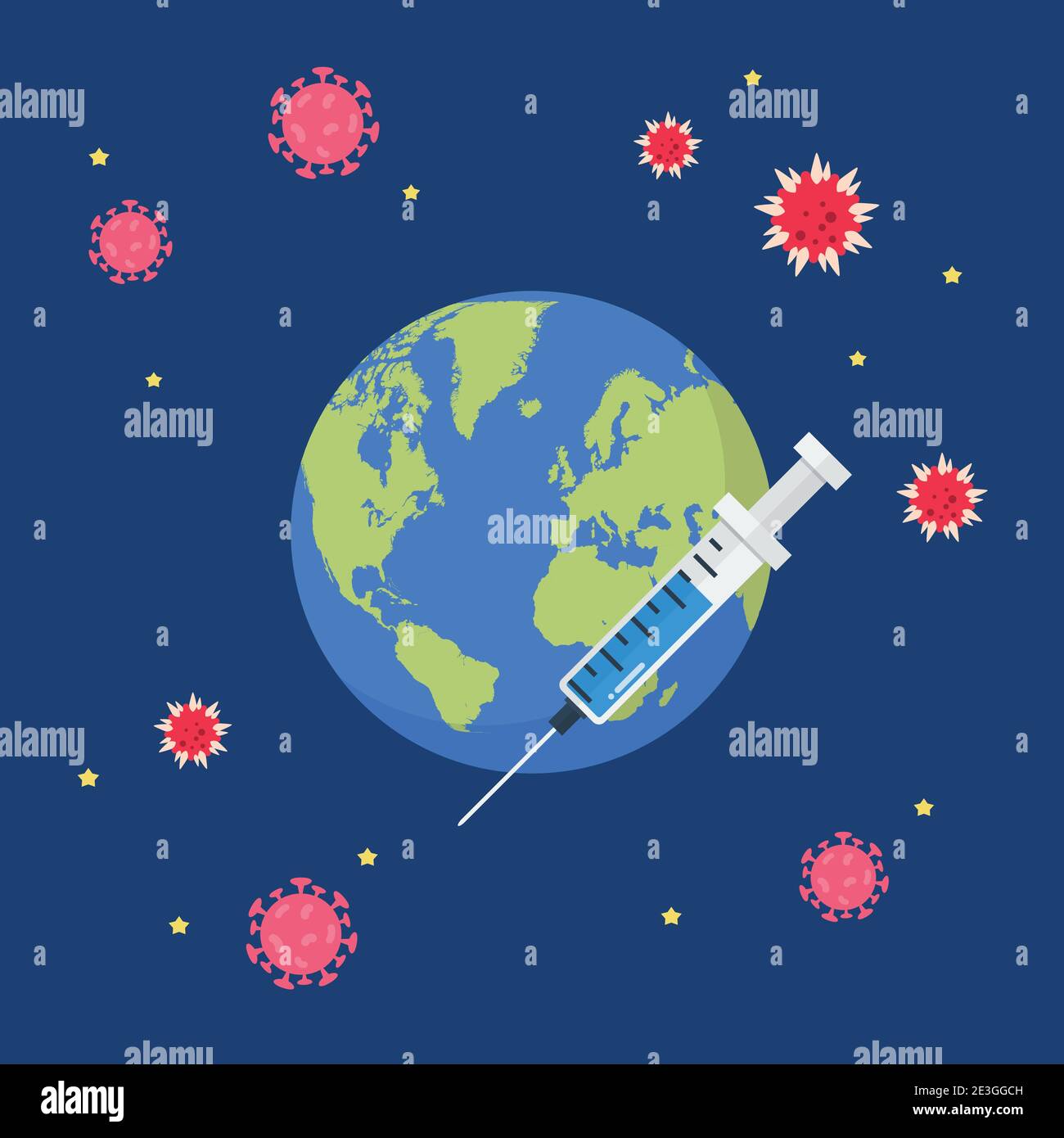 Planet earth with syringe surrounding Covid-19 Coronavirus. Vector illustration Stock Vector