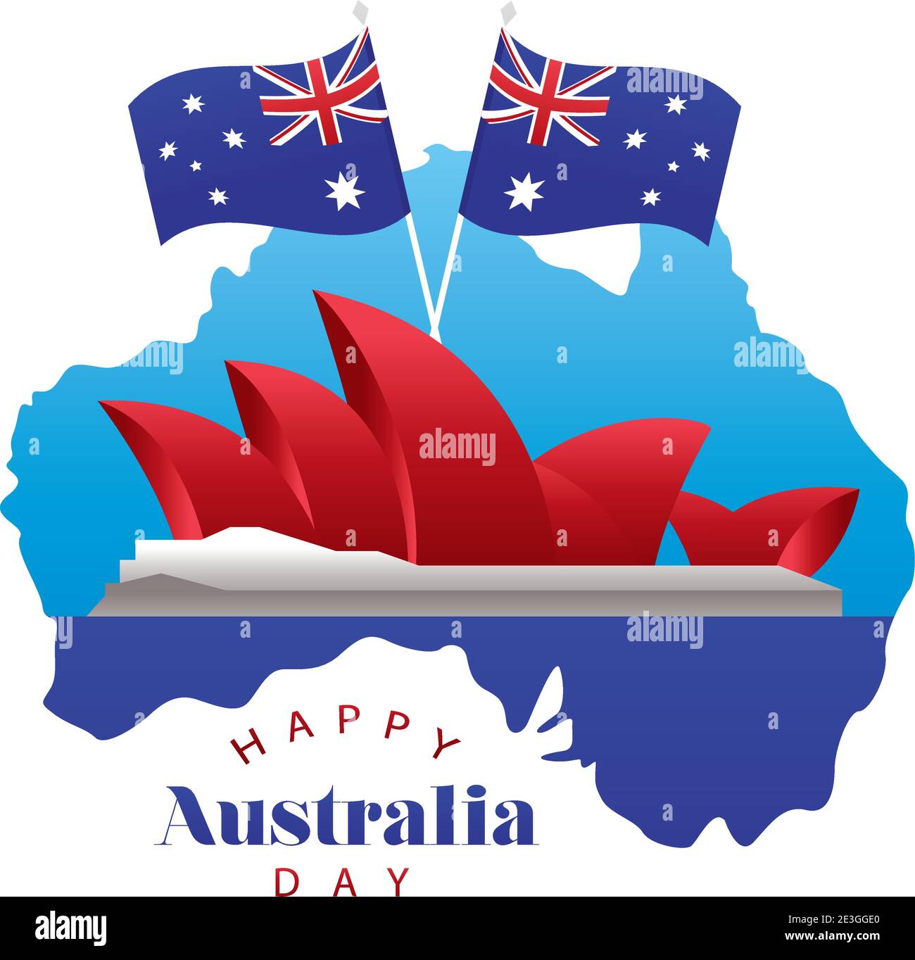 happy australia day lettering with sydney opera house and flags vector illustration design Stock Vector