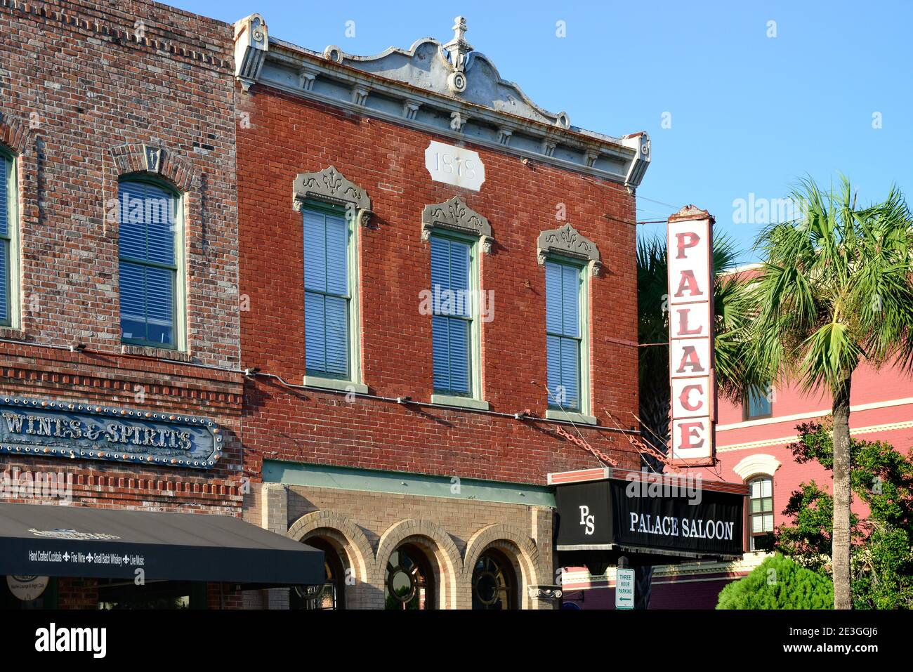 A view of historic old brick buildings from 1878, now revitilized and a popular bar, the Palace Saloon in Fernandina Beach, on Ameilia Island, FL Stock Photo