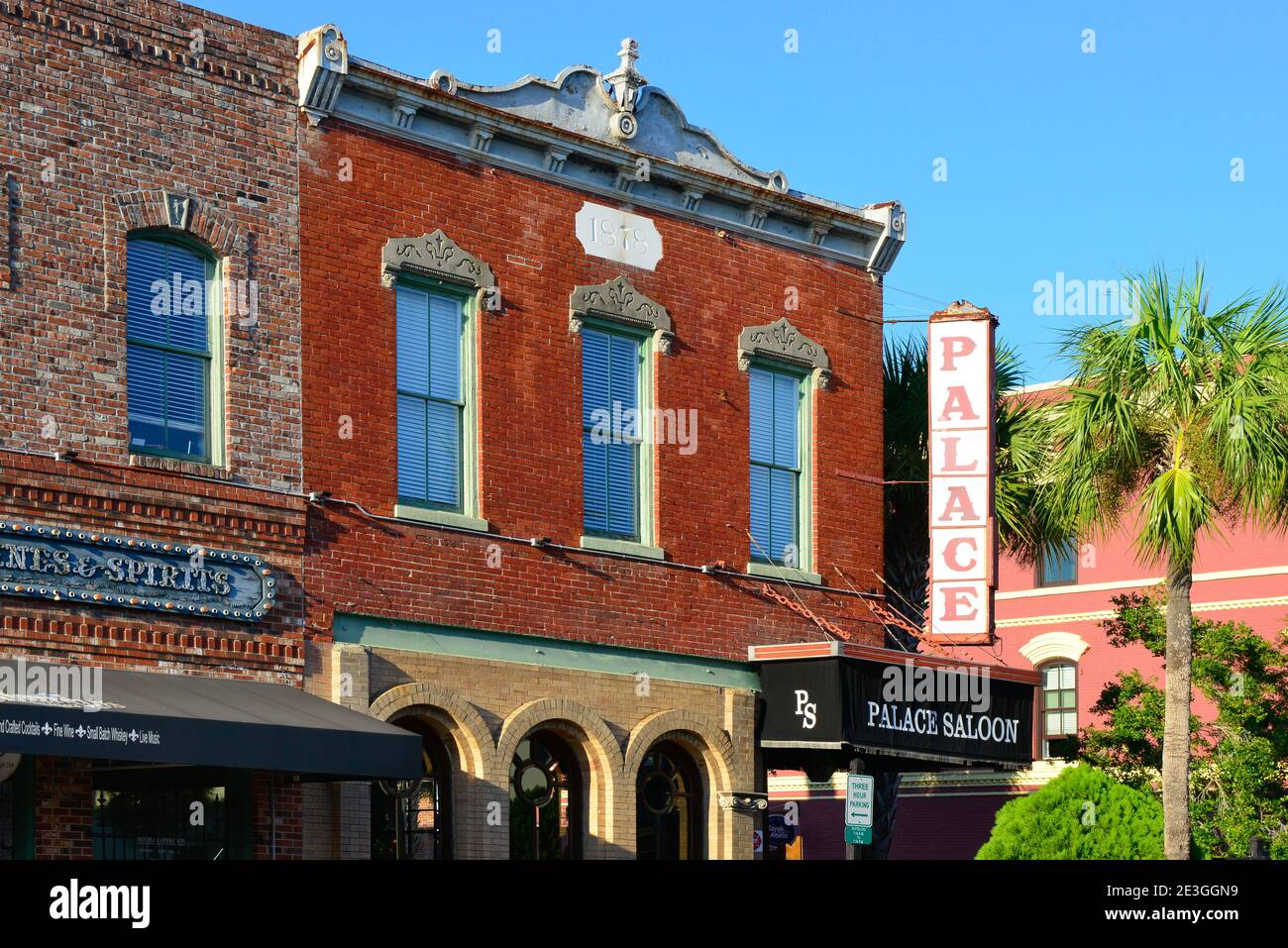 A view of historic old brick buildings from 1878, now revitilized as the popular bar, the Palace Saloon in Fernandina Beach, on Ameilia Island, FL Stock Photo