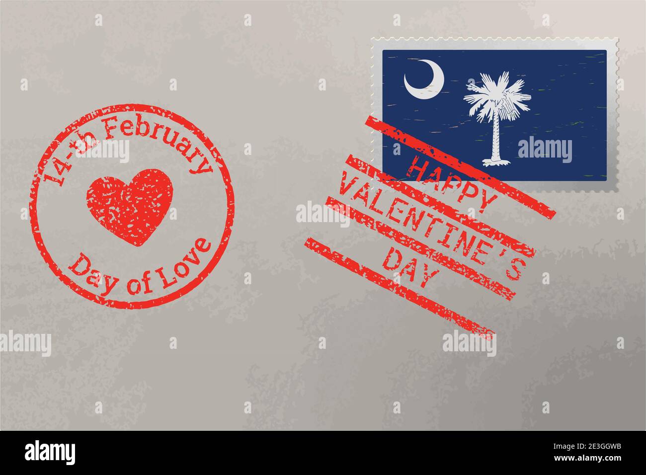 Postage stamp envelope with South Carolina USA flag and Valentine s Day stamps, vector Stock Vector