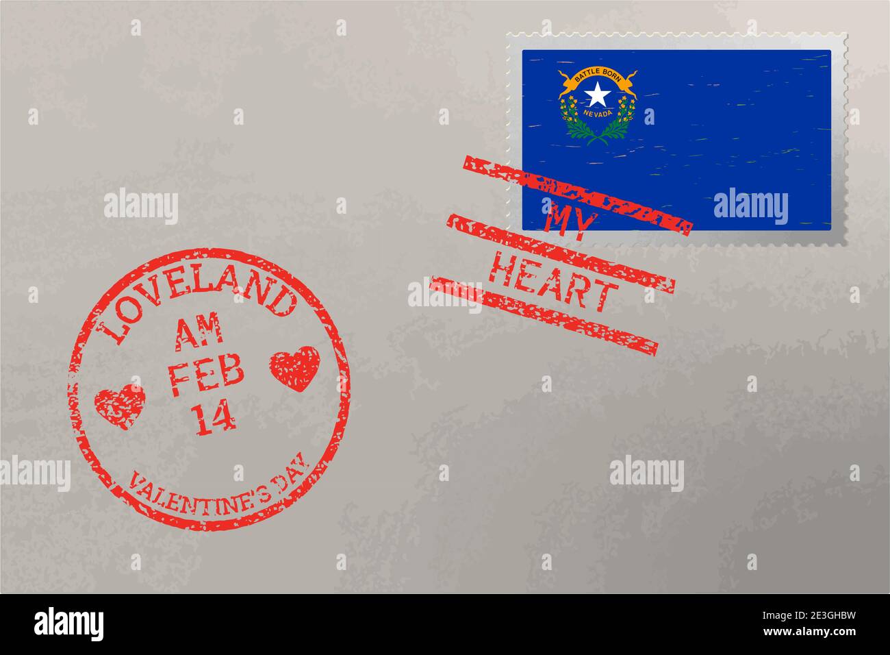 Postage stamp envelope with Nevada USA flag and Valentine s Day stamps, vector Stock Vector