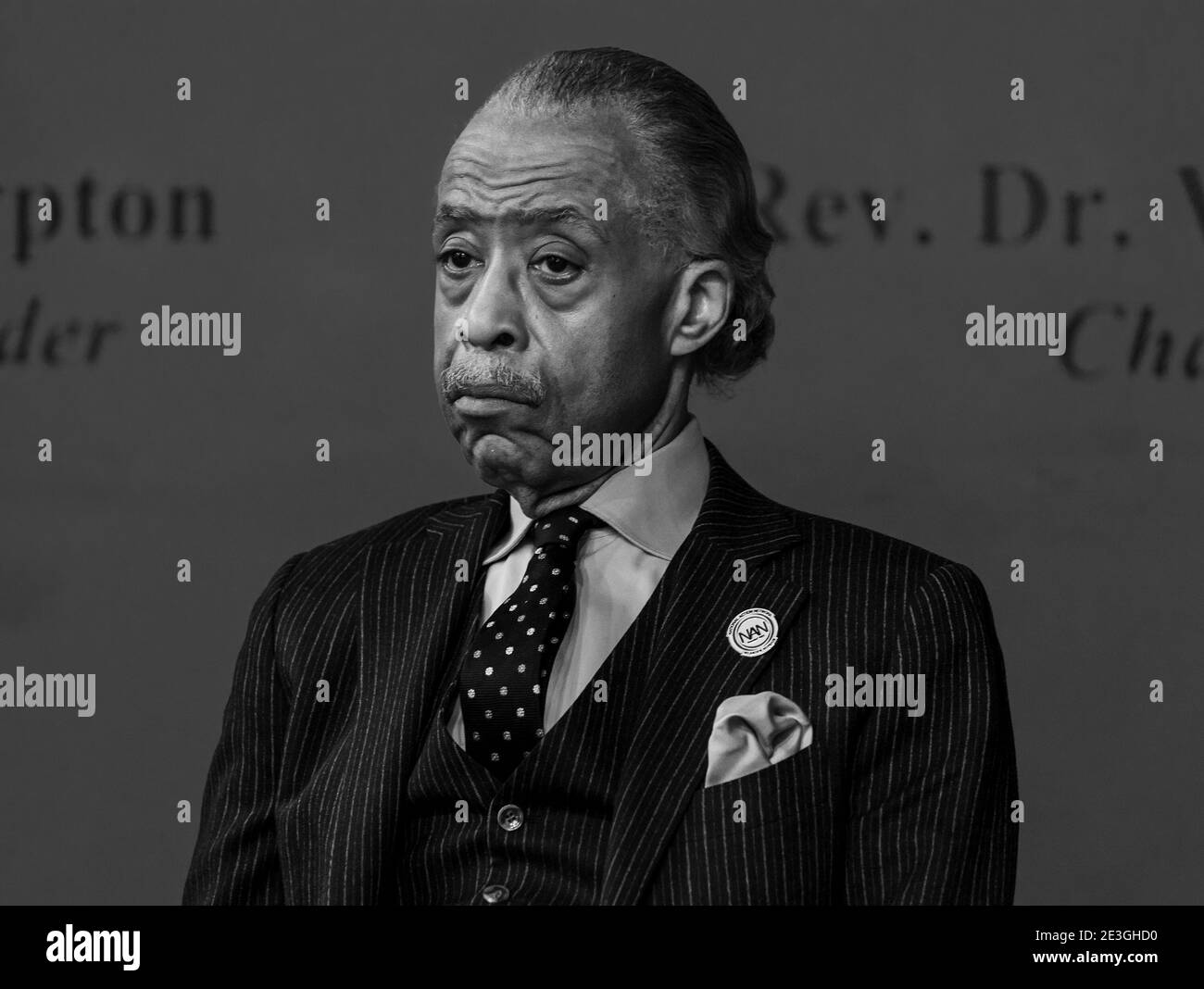 New York, United States. 18th Jan, 2021. Reverend Al Sharpton seen on stage during Martin Luther King celebration at NAN headquarters. Reverend Al Sharpton and National Action Network (NAN) hosted prominent clergy, elected officials and civil rights leaders at the House of Justice for their Annual Martin Luther King Day Public Policy Forum to honor the legacy of the Rev. Dr. Martin Luther King, Jr. (Photo by Lev Radin/Pacific Press) Credit: Pacific Press Media Production Corp./Alamy Live News Stock Photo