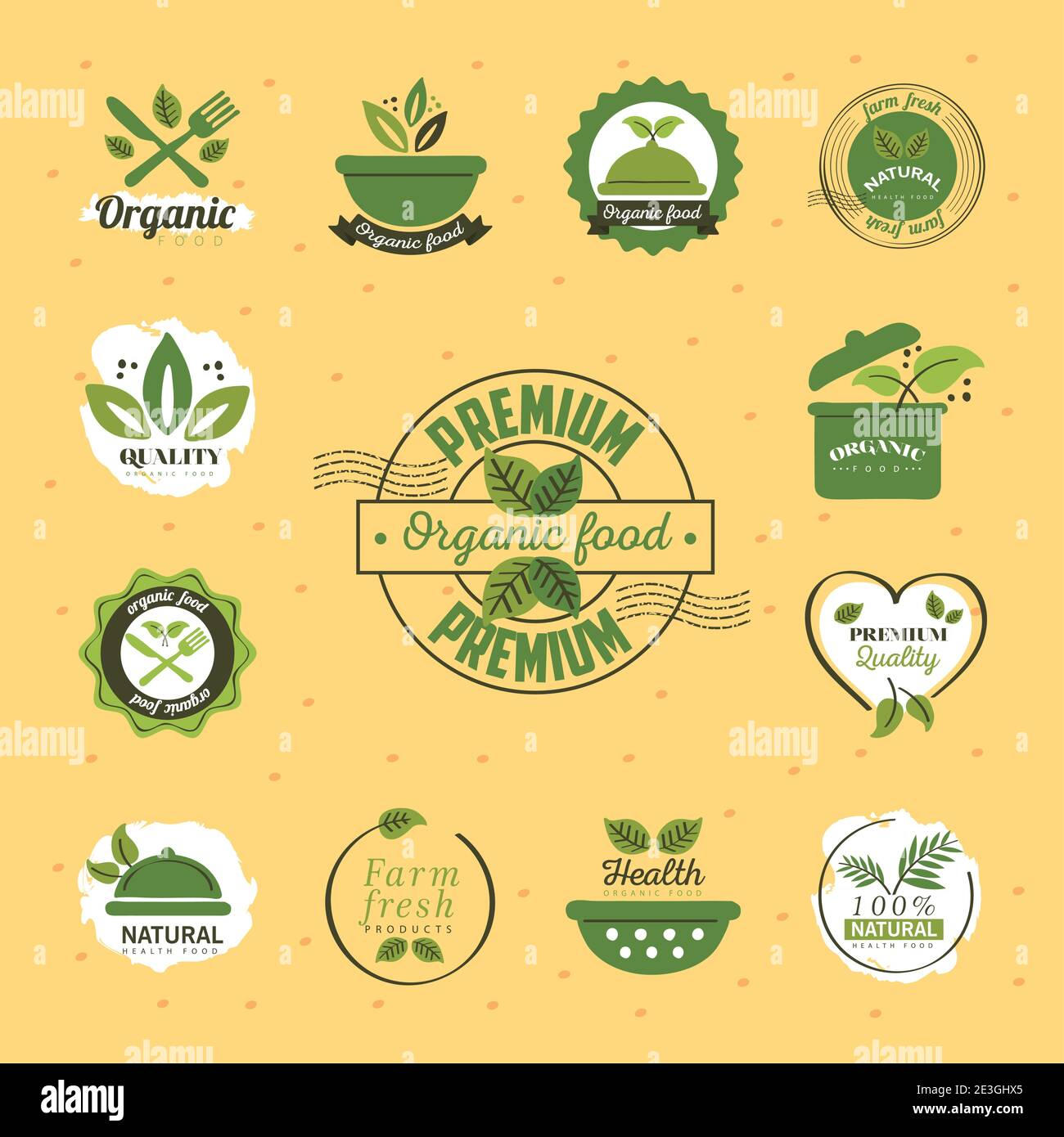 organic food, set labels and badges on yellow background vector ...