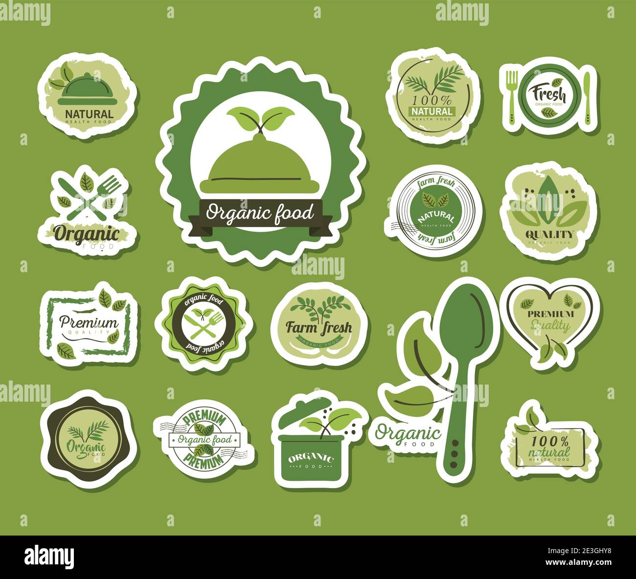 organic food, set labels and badges on green background vector ...