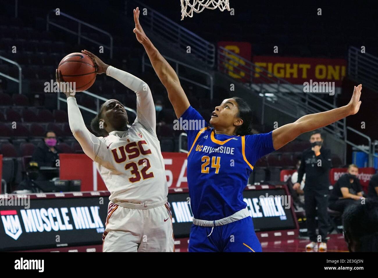 Southern California Trojans forward Jordyn Jenkins (32) is defended by UC Riverside Highlanders forward Daphne Gnago (24) in the first half during an Stock Photo