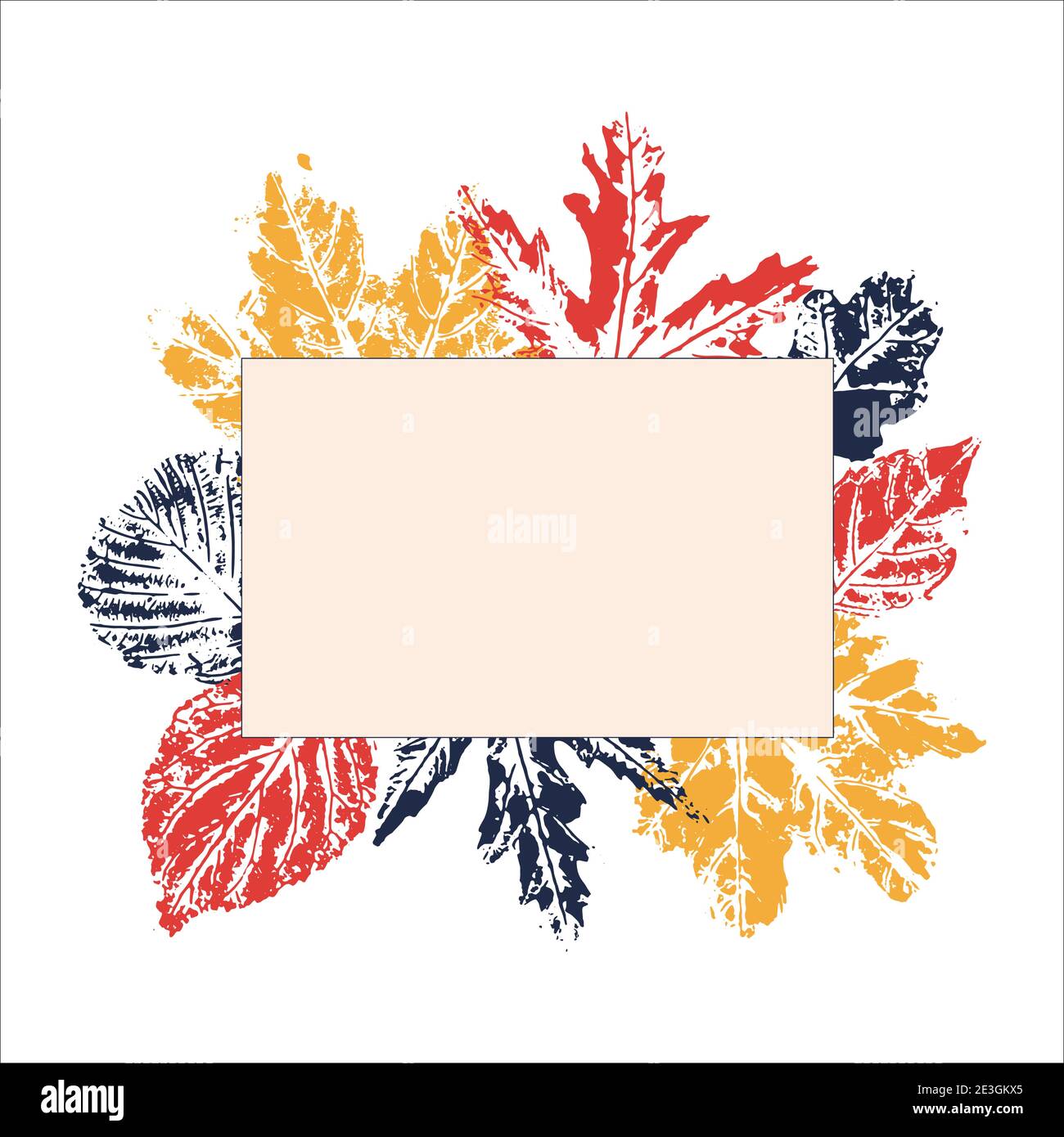 Abstract beige background with black frame for text. Abstract colored lleaves prints. Autumn vector. Quote text info design. Template. Stock Vector