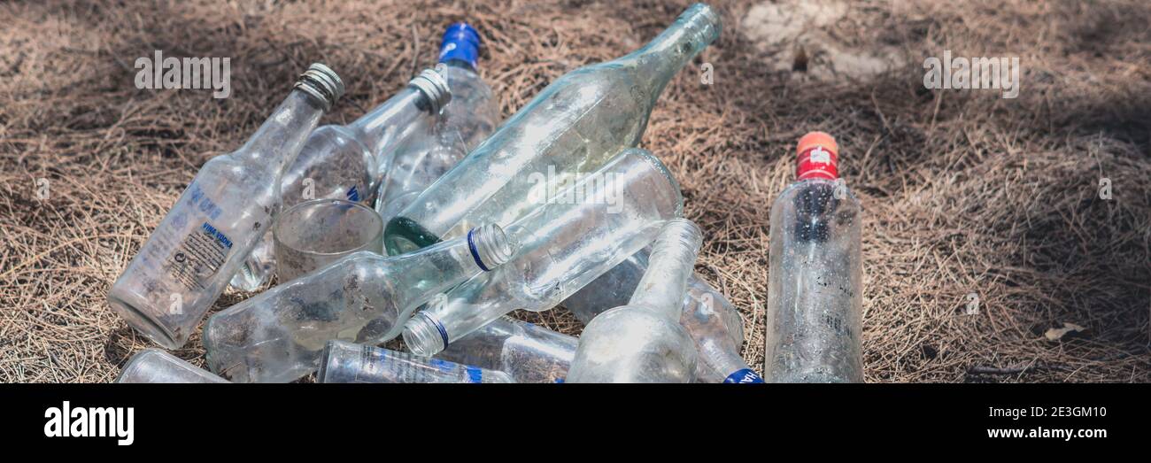BANNER landfill old dirty transparent discarded empty glass alcohol drink bottles trash on ground forest nature sea park. Alcoholism addiction problem Stock Photo