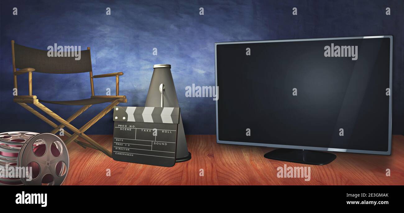 Video on demand advertising template with an empty TV set and director's chair and accessories. A movies concept 3D rendering with copy space to add y Stock Photo