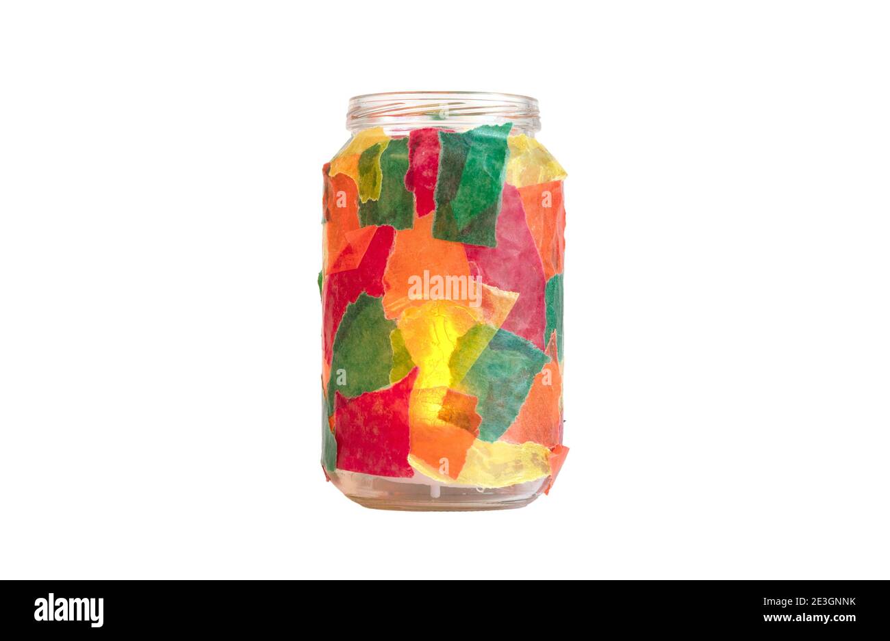 Jar decorated with colorful paper, tealight, isolated, candle burning inside Stock Photo Alamy
