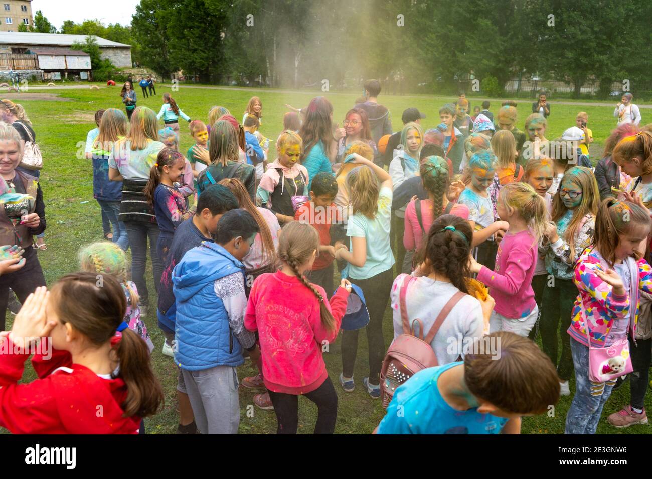 Chelyabinsk Region, Russia - JULY 2019. Festival of colors for children.Children of different nationalities are friends at the festival of colors. Stock Photo