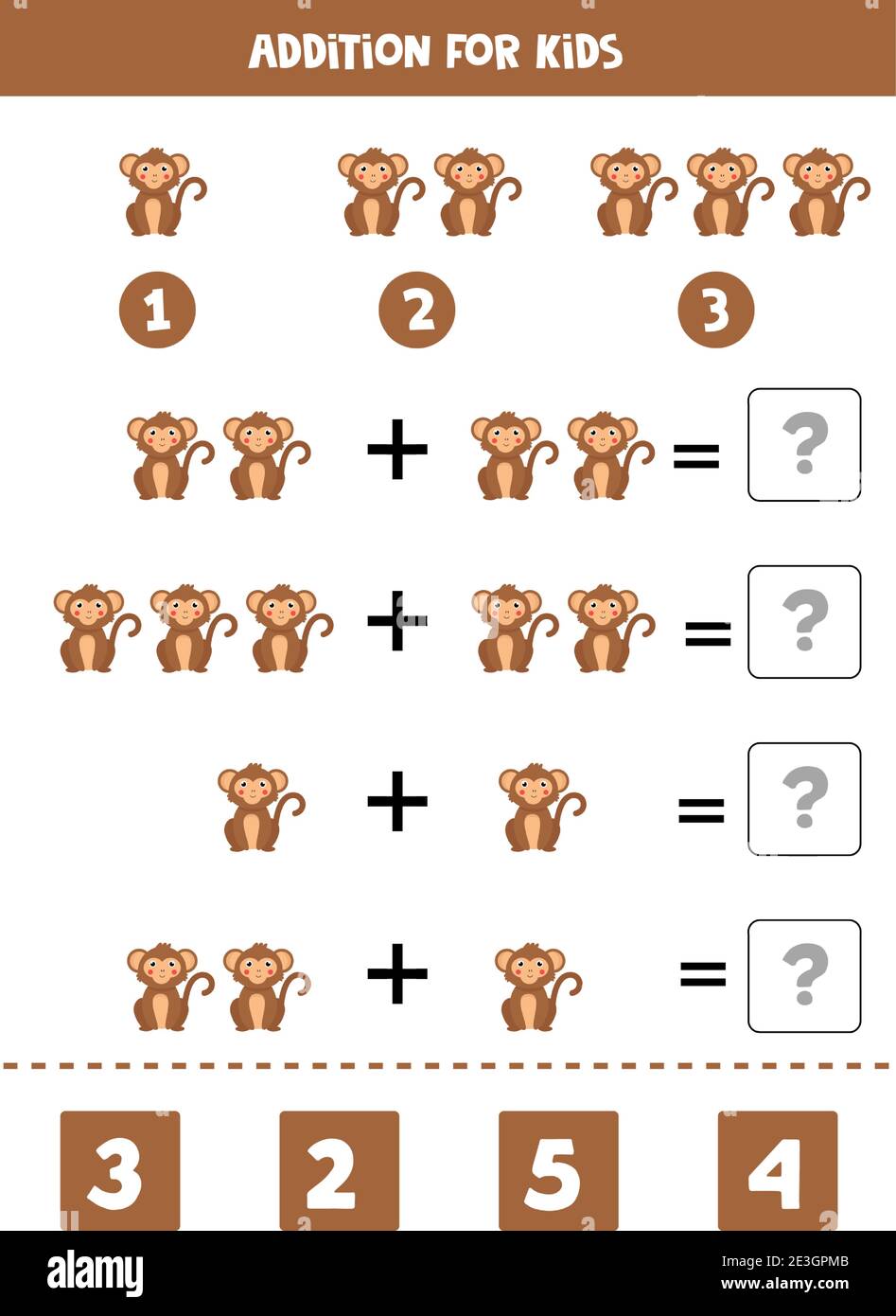 Addition game with cute cartoon monkey. Math game for kids Stock Vector ...