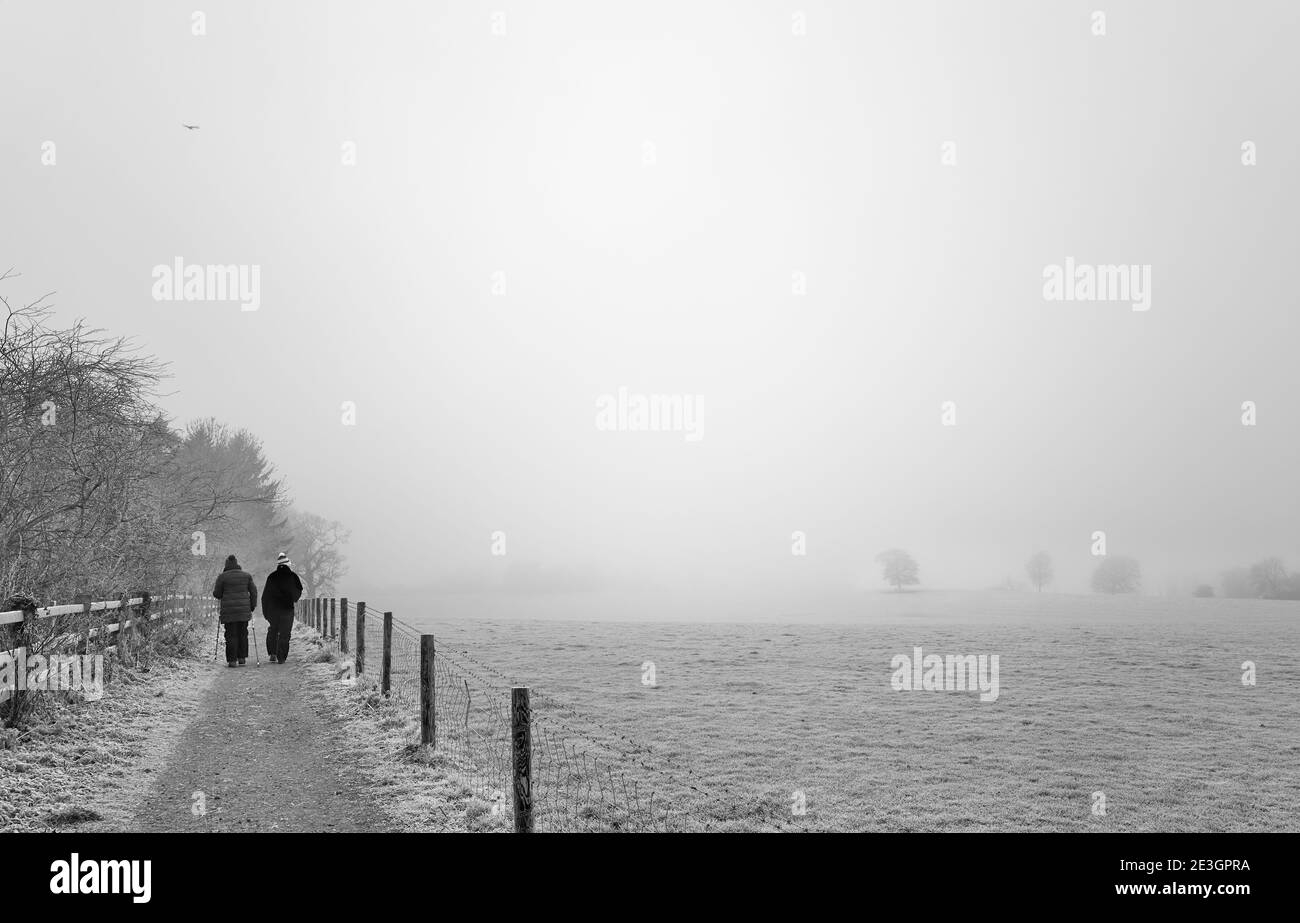 Two ramblers on the long distance Jurassic Way path next to East Carlton Park, Corby, Nhants, England, on a foggy january day during the 2021 lockdown Stock Photo