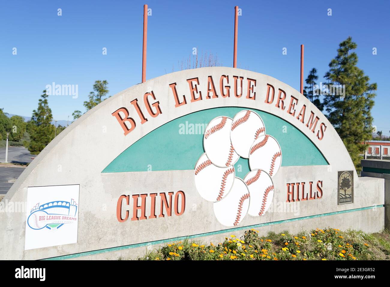 A sign at the Big League Dreams Sports Park entrance, Sunday, Jan. 17, 2021, in Chino Hills, Calif. Stock Photo
