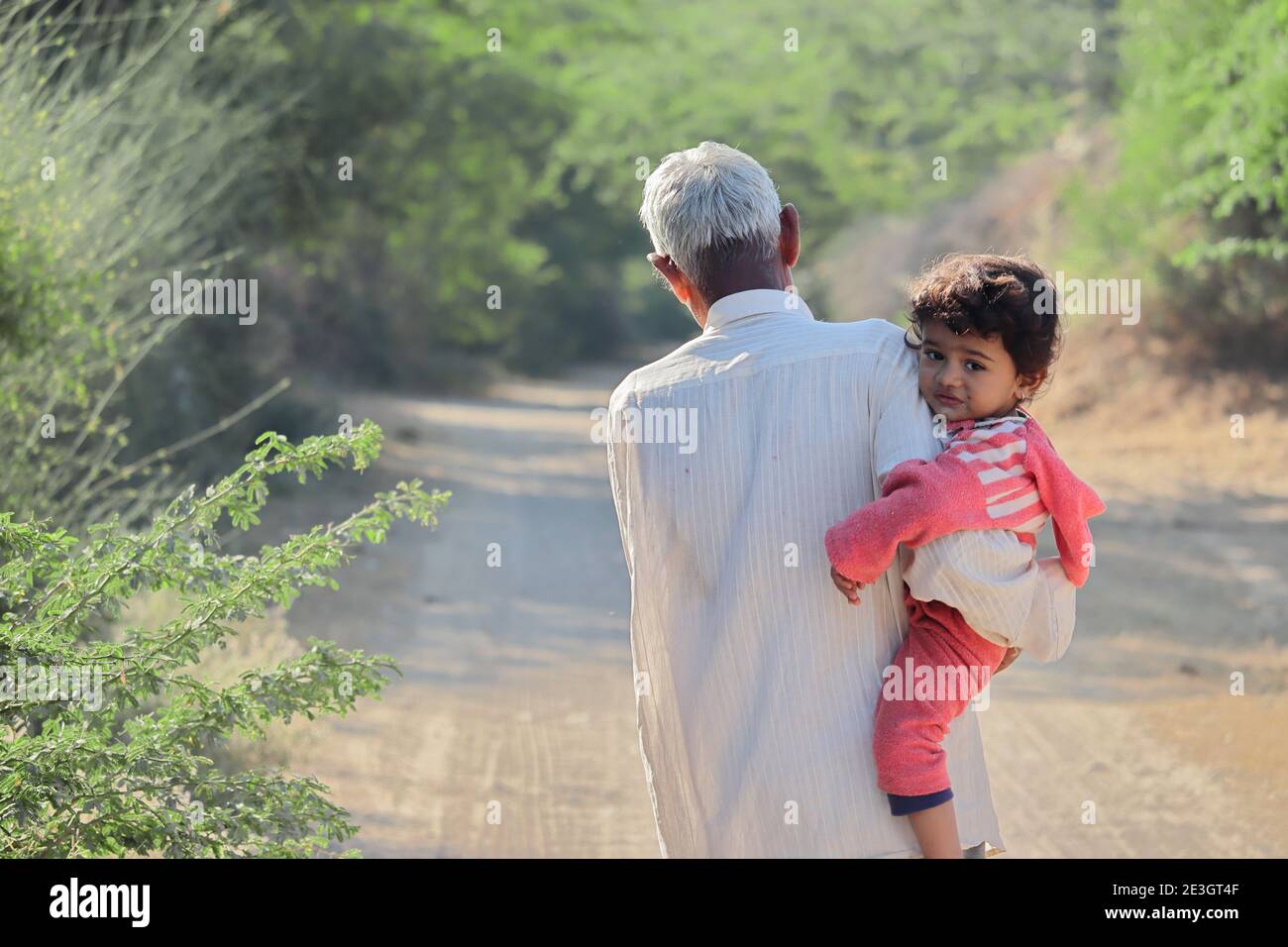 Indian grandfather and grandson walking through the rough path during winter, india Stock Photo