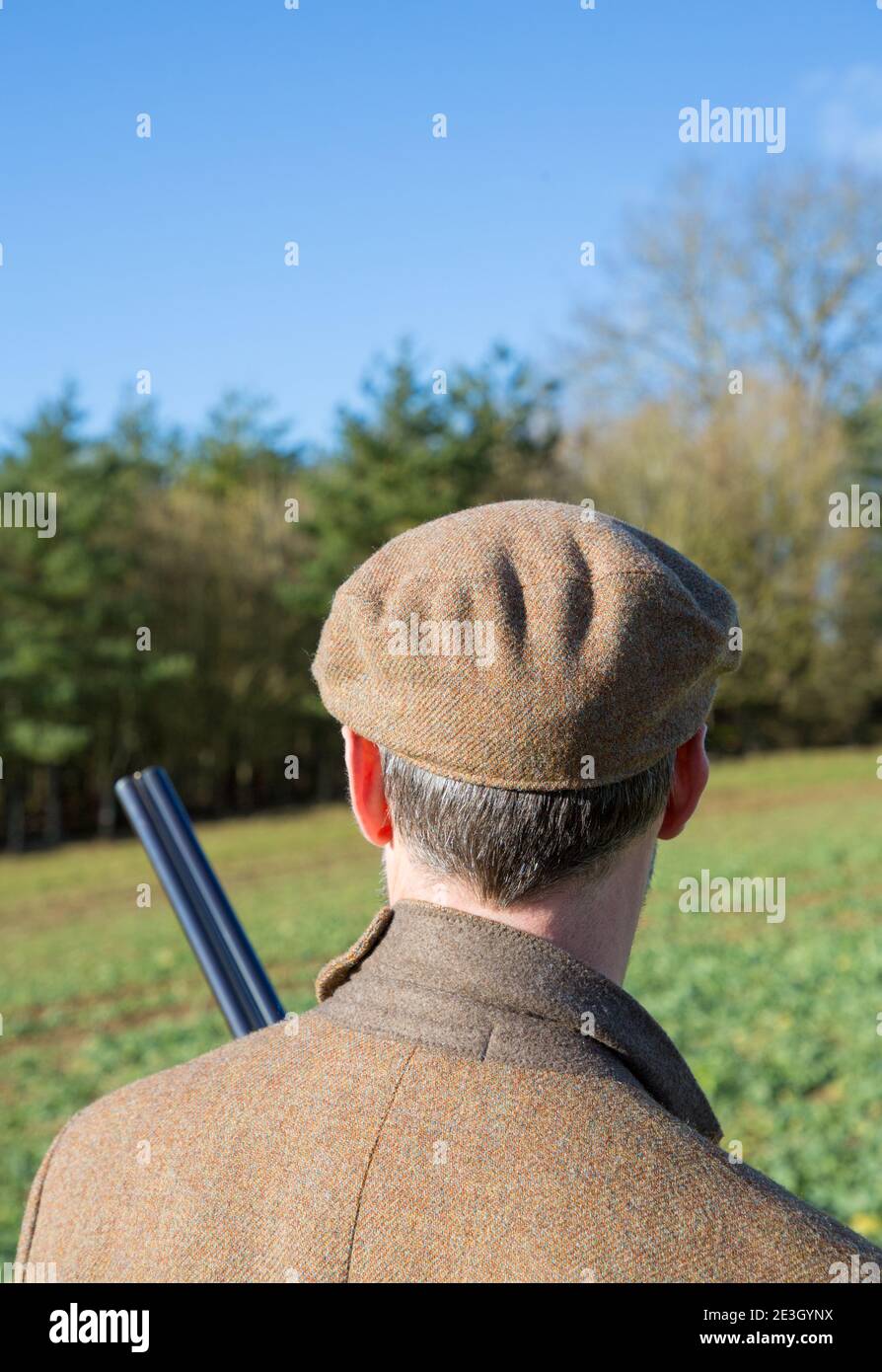 Man out in the rural Oxfordshire countryside holding a shotgun whilst out on a pheasant shoot. Stock Photo