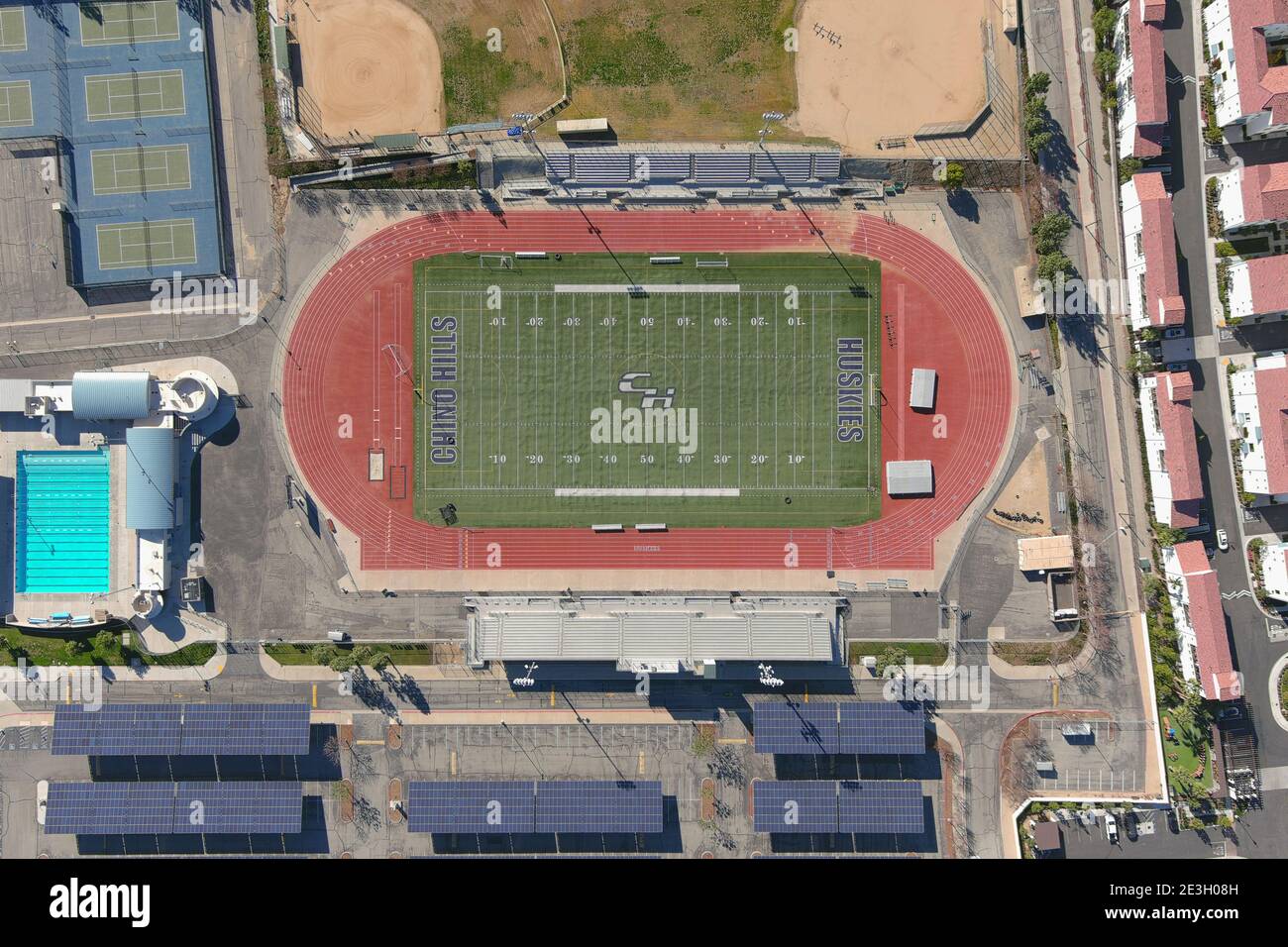 An aerial view of Chino Hills High School track and football field, Sunday, Jan. 17, 2021, in Chino Hills, Calif. Stock Photo