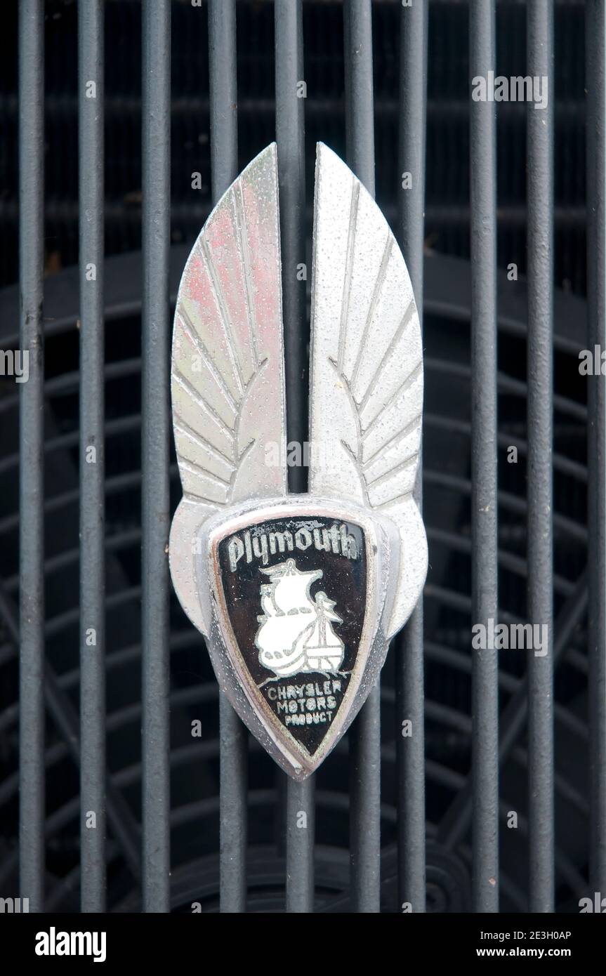 Vintage Plymouth emblem, Closeup Stock Photo