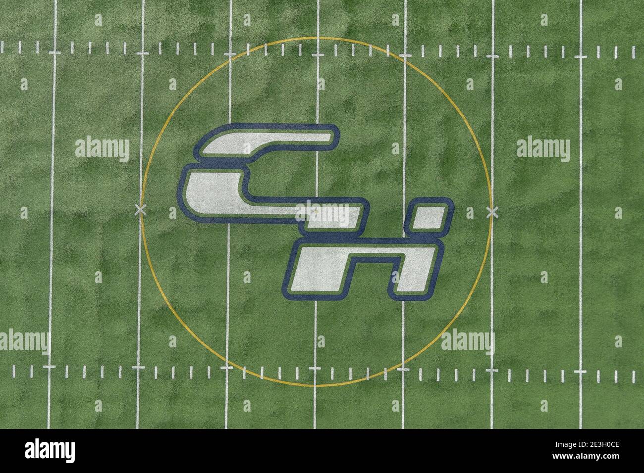 A detailed view of the Chino Hills High School  logo at at midfield of the football field, Sunday, Jan. 17, 2021, in Chino Hills, Calif. Stock Photo