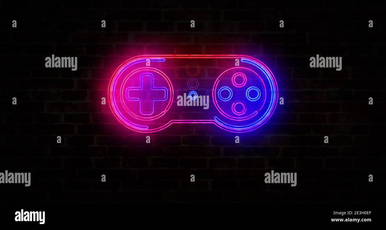 Gaming pad symbol, esport, video controller, 5g game and cyber sport neon sign on brick wall concept symbol. Abstract 3d rendering illustration. Stock Photo