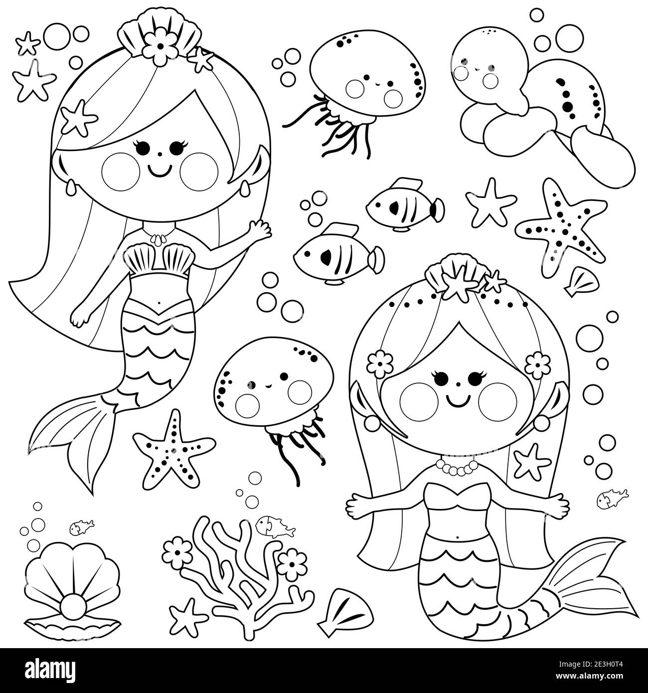 Cute mermaids, sea animals and fish under the sea. Black and white ...