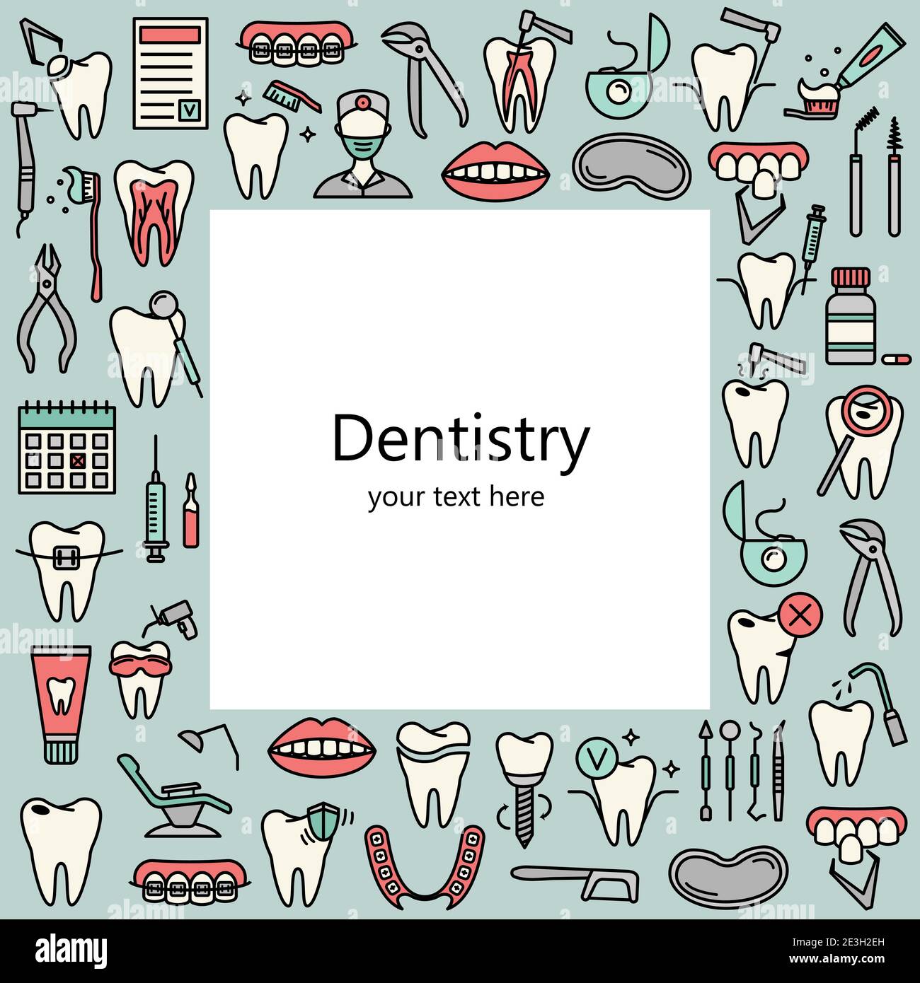 Template with line dentistry icons. Dental flat vector elements. Stock Vector