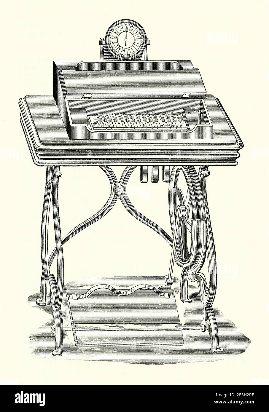 An old engraving of a printing telegraph stand designed by George L Anders. It is from a mechanical engineering book of the 1880s. The stand has a keyboard and visible dial or typewheel. The typewheel at the sending end was synchronised to a similar wheel at the receiving end. When the character key was pressed at the home station, it actuated the typewheel at the distant station just as the same character moved into the printing position – an example of a synchronous data transmission system. When transmitting power was provided to the electric magneto by the foot treadle. Stock Photo