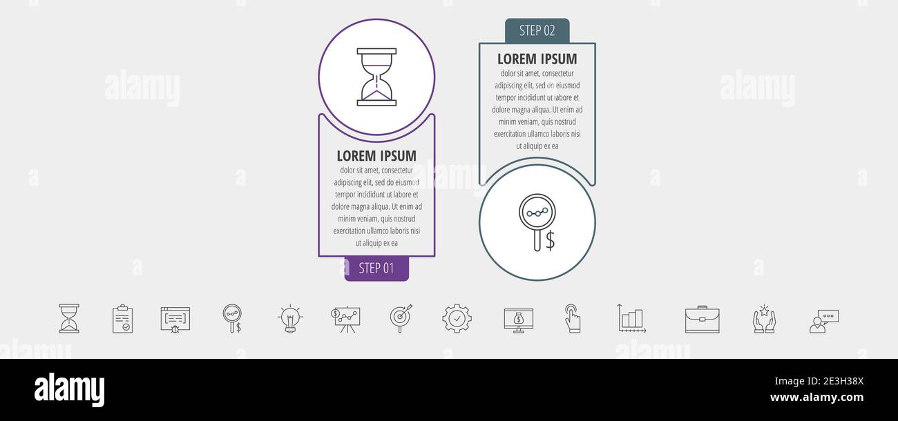 Circles vector line infographic with 2 step, icons. Timeline used for ...