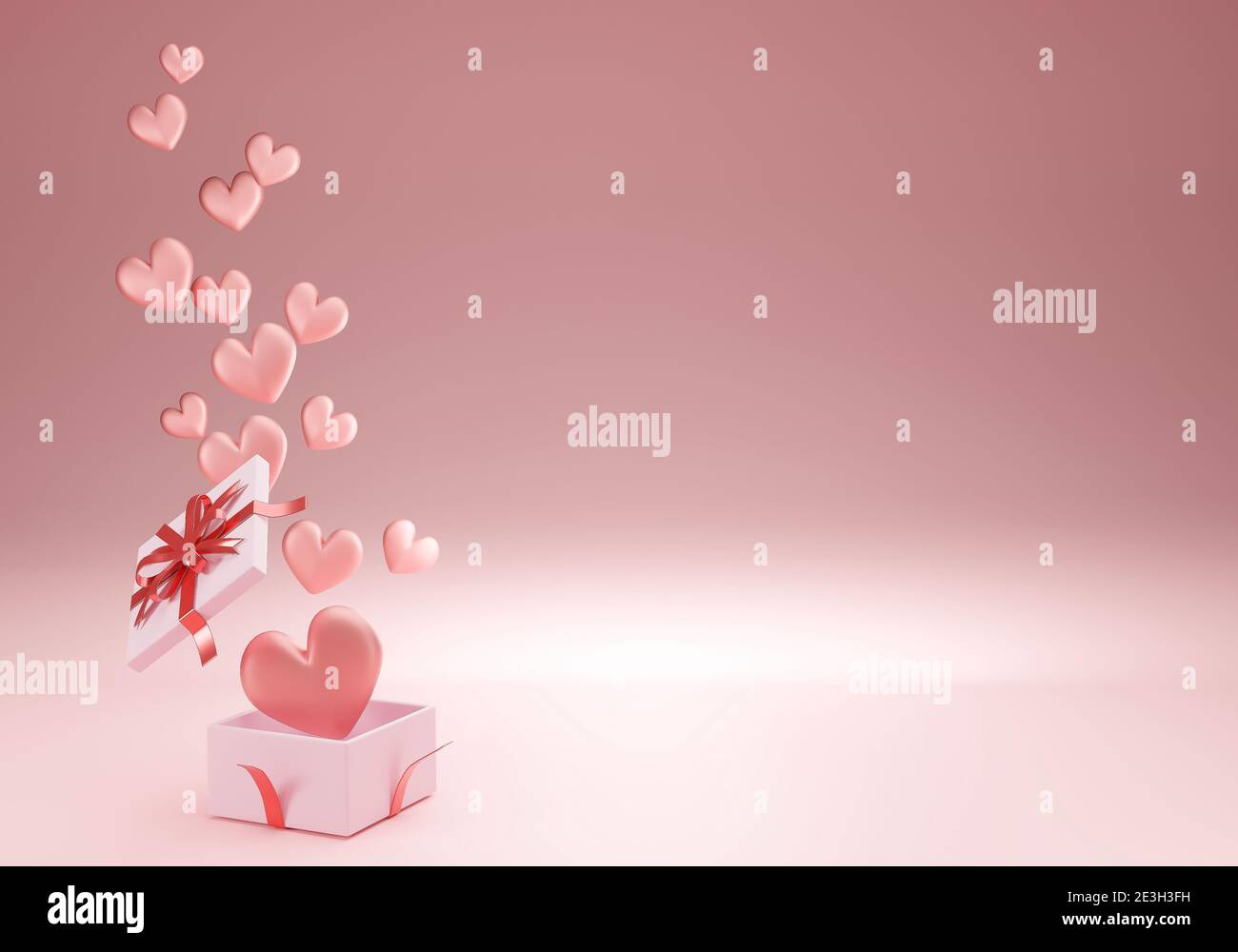 3d pink heart open gift box with red ribbon rendering. Pastel pink ...