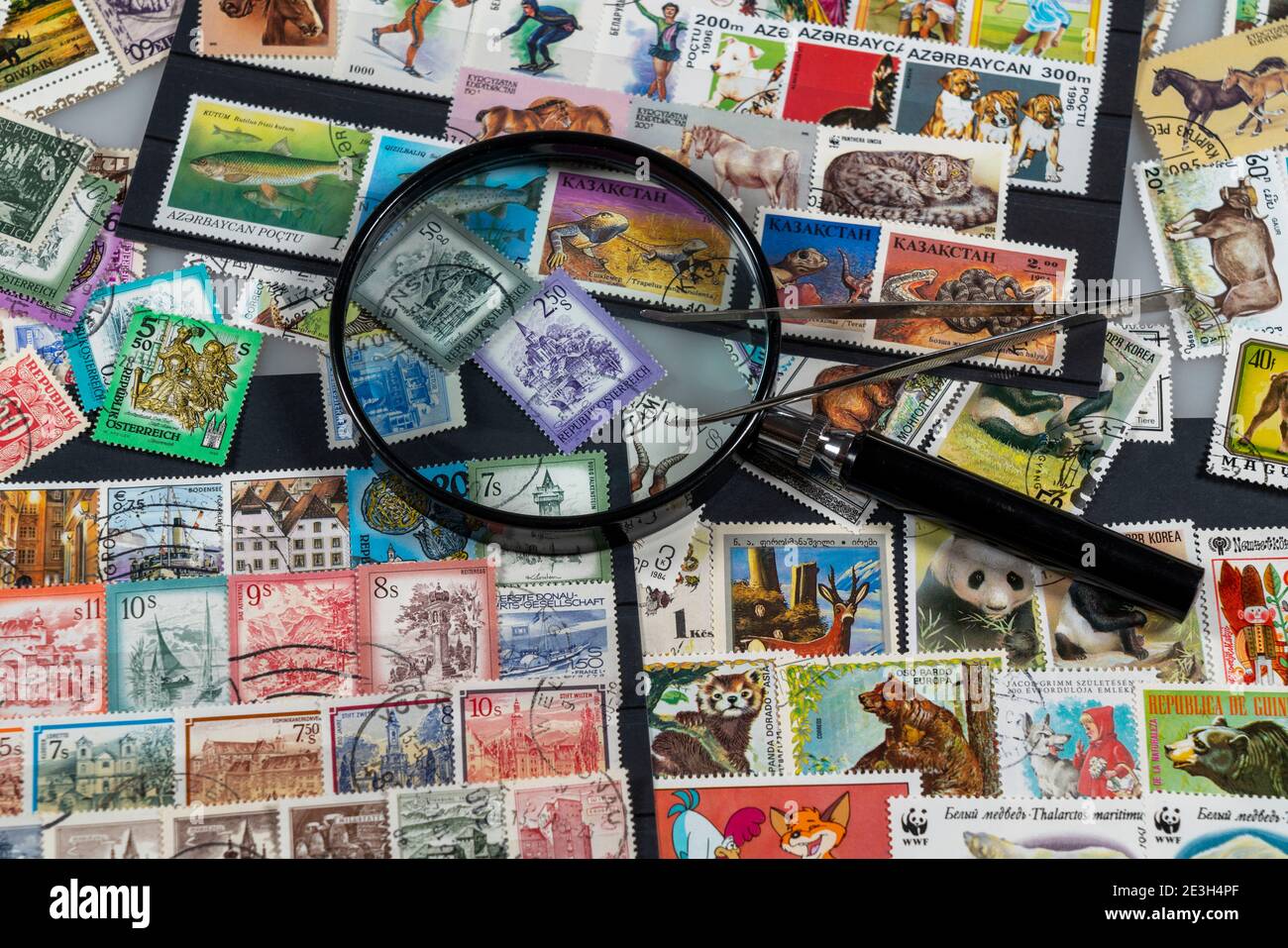 Stamp collection, collecting, postage stamps, postal stamps from different countries, Stock Photo