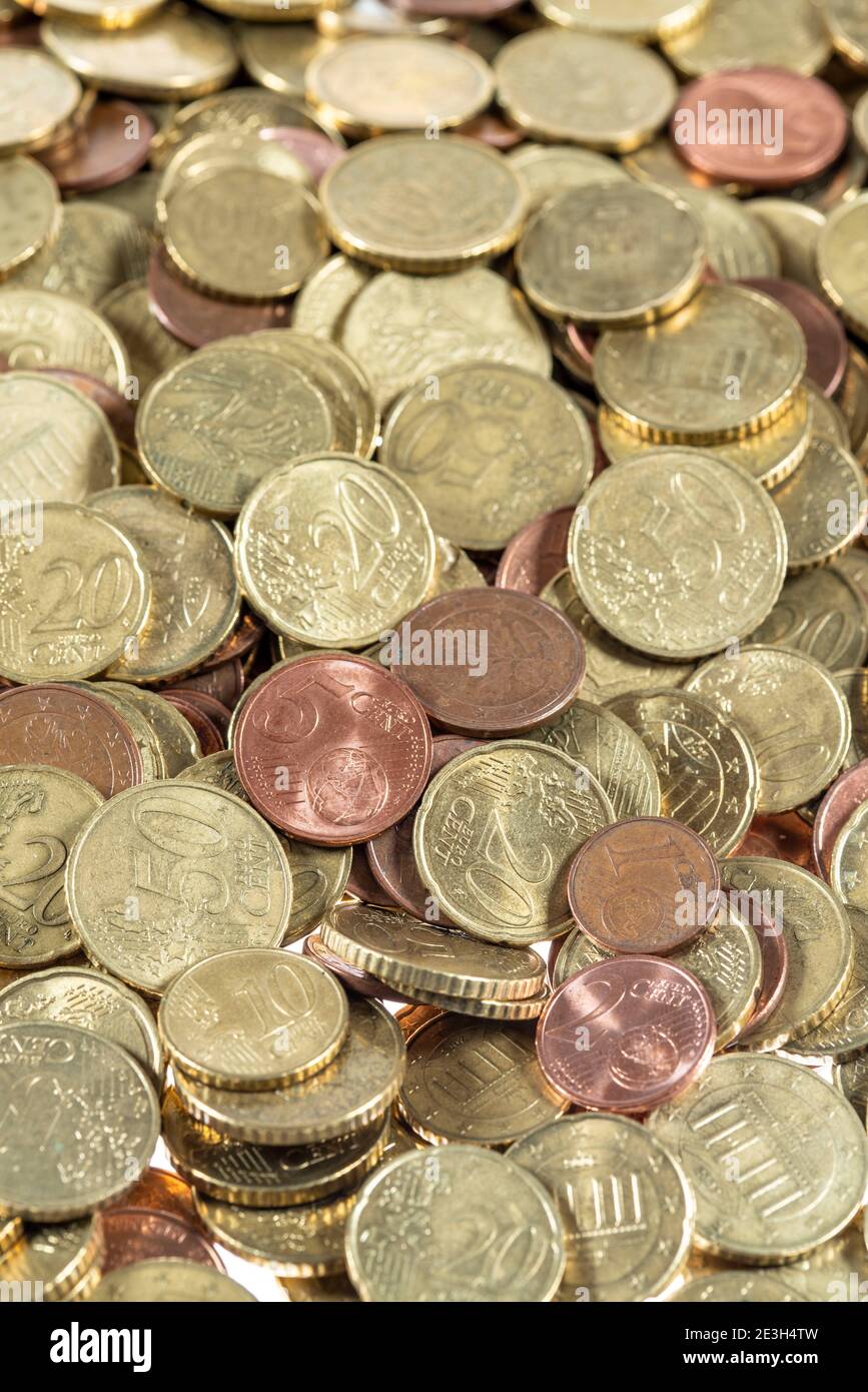 Coins, Euro coins, Cent coins, One cent, Two cent, Five cent, Ten cent, Twenty cent, Fifty cent, Money coins, Stock Photo