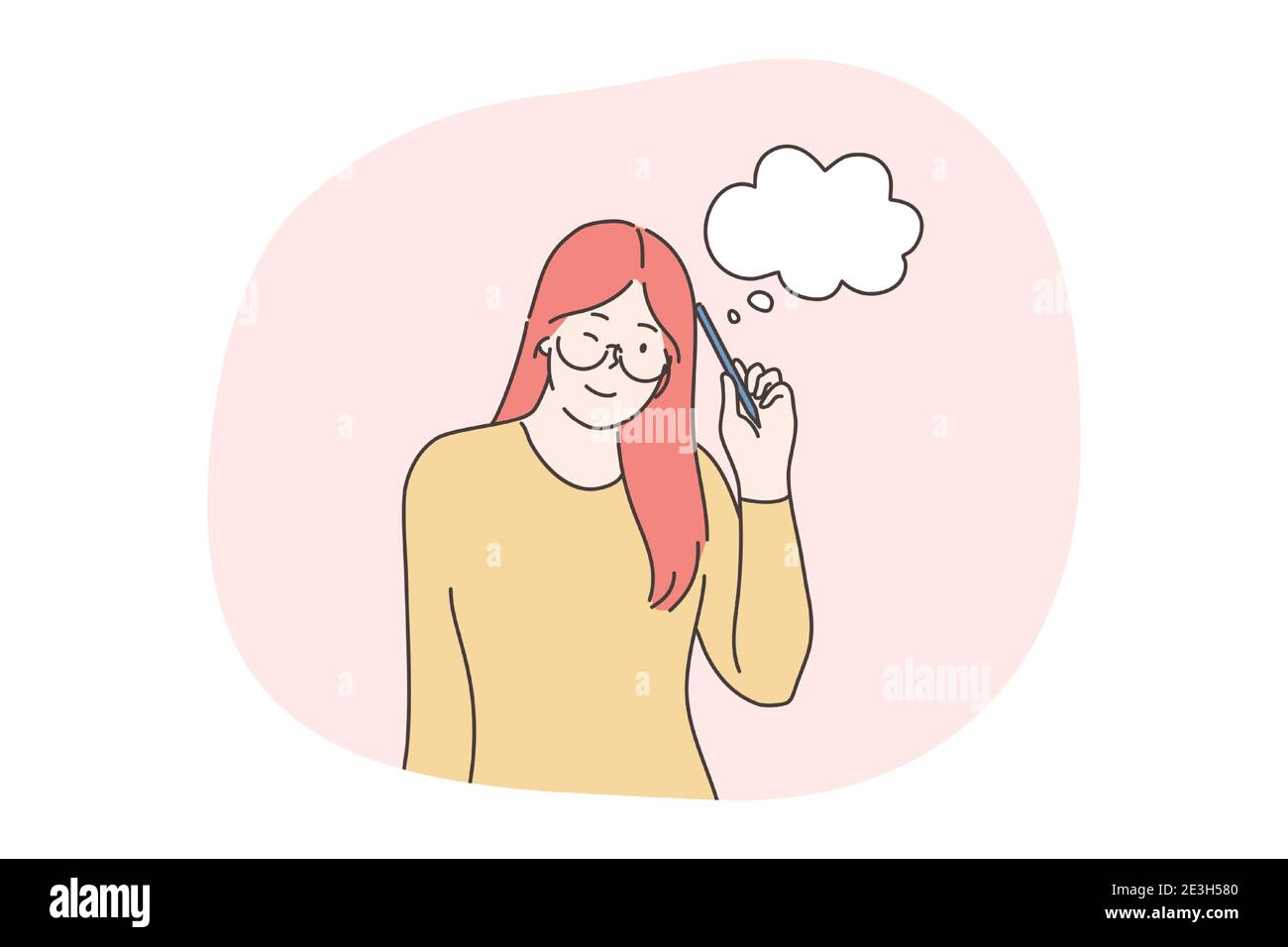 Thinking, having idea, doubt, brainstorm concept. Young red haired positive girl teen student cartoon character standing and thinking with pencil lean Stock Vector