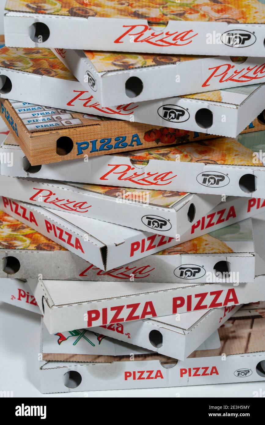 Empty, used pizza boxes, takeaways, Stock Photo