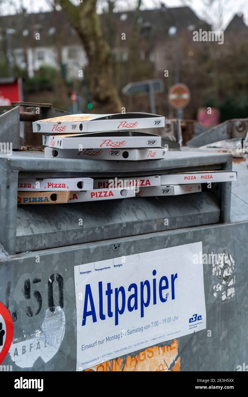 Empty, used pizza boxes, Take Away, in a full waste paper container