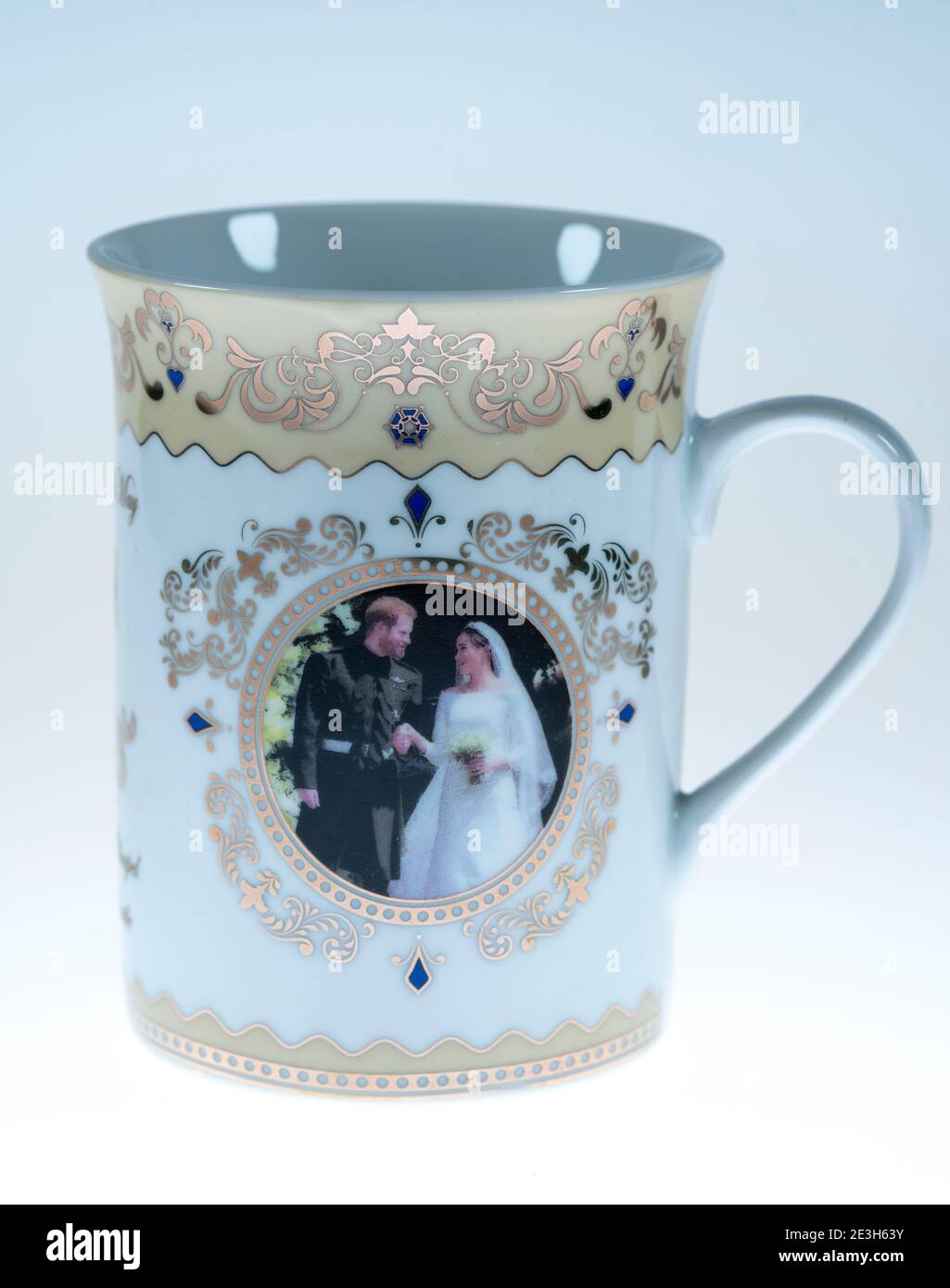 Souvenir mug for the wedding of Prince Harry and Meghan Markle, at Windsor Castle on 19 May 2018, British Royals, Stock Photo