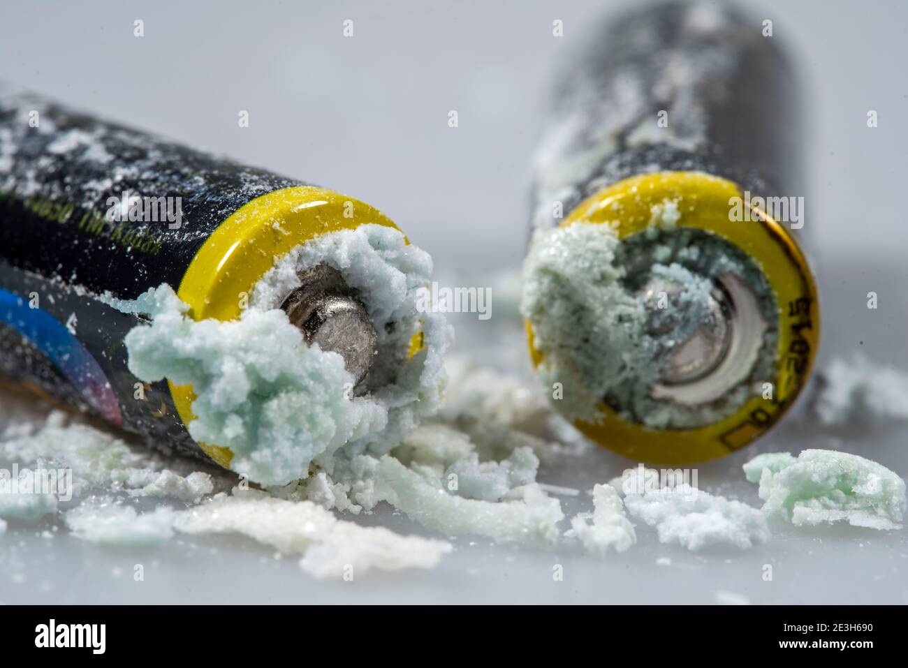 Leaked batteries, AA batteries, oxidised, leaked potassium carbonate