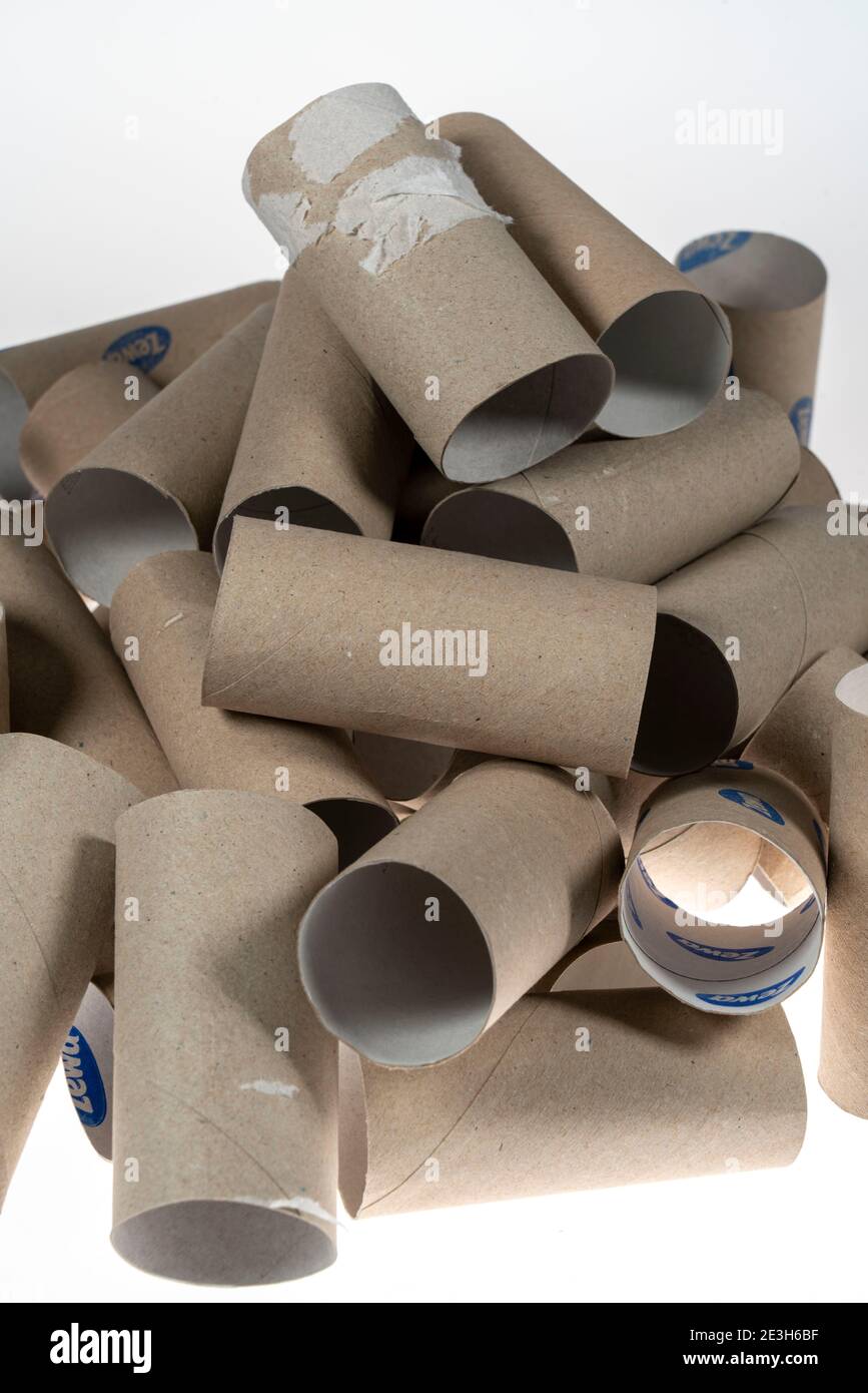 Pile, mountain of empty, used toilet paper rolls Stock Photo - Alamy