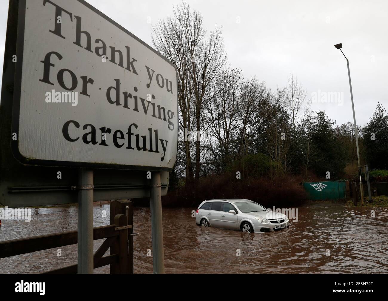 Hathern, Leicestershire, UK. 19th January 2021. UK weather. A car stands stranded in flood water after a warning that Storm Christoph is set to bring widespread flooding to parts of England. Credit Darren Staples/Alamy Live News. Stock Photo