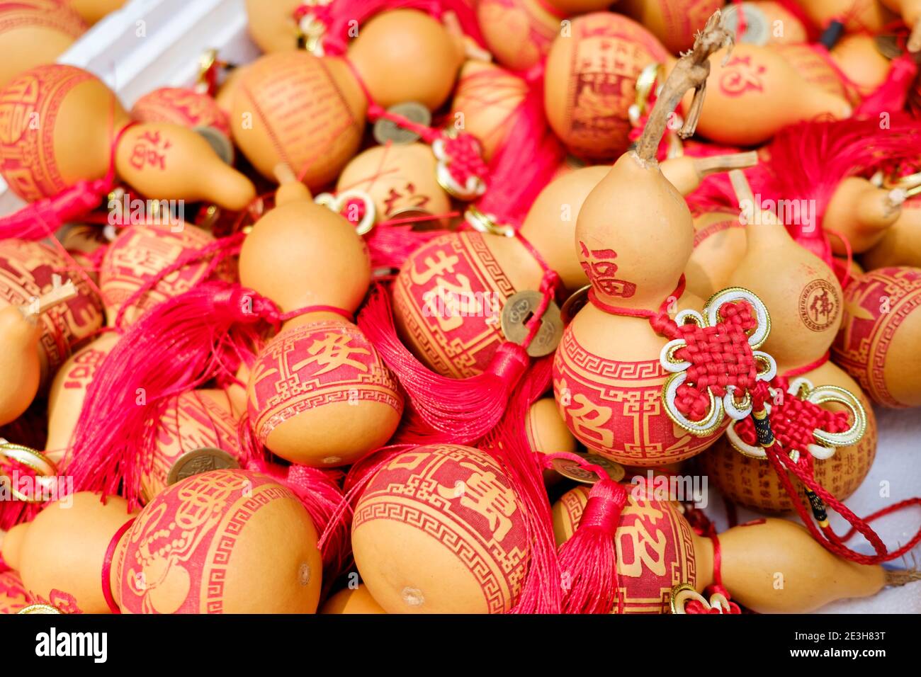 Traditional Chinese gourd charms to wish good luck during Lunar New Year & other festivals in China & SE Asian countries. Stock Photo