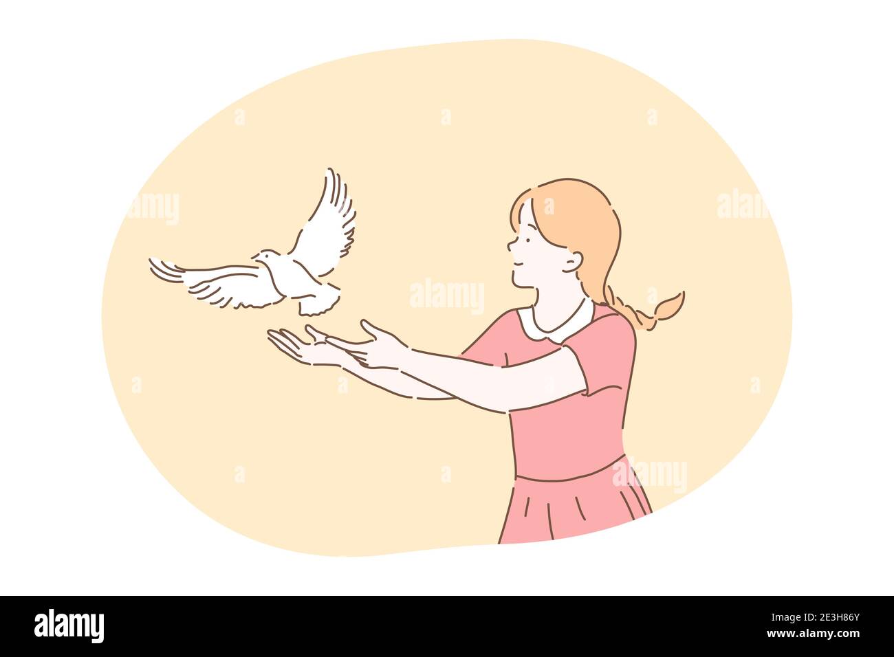 Freedom, peace, harmony, release, kindness concept. Young kind smiling girl cartoon character in dress standing and letting white pigeon dove bird fly Stock Vector