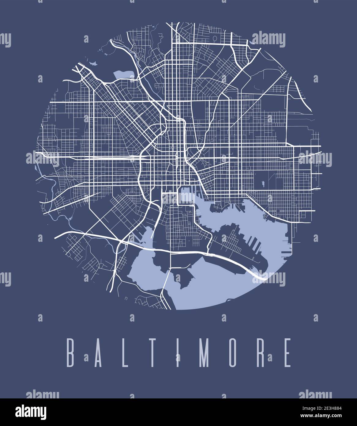 Baltimore map poster. Decorative design street map of Baltimore city. Cityscape aria panorama silhouette aerial view, typography style. Land, river, a Stock Vector