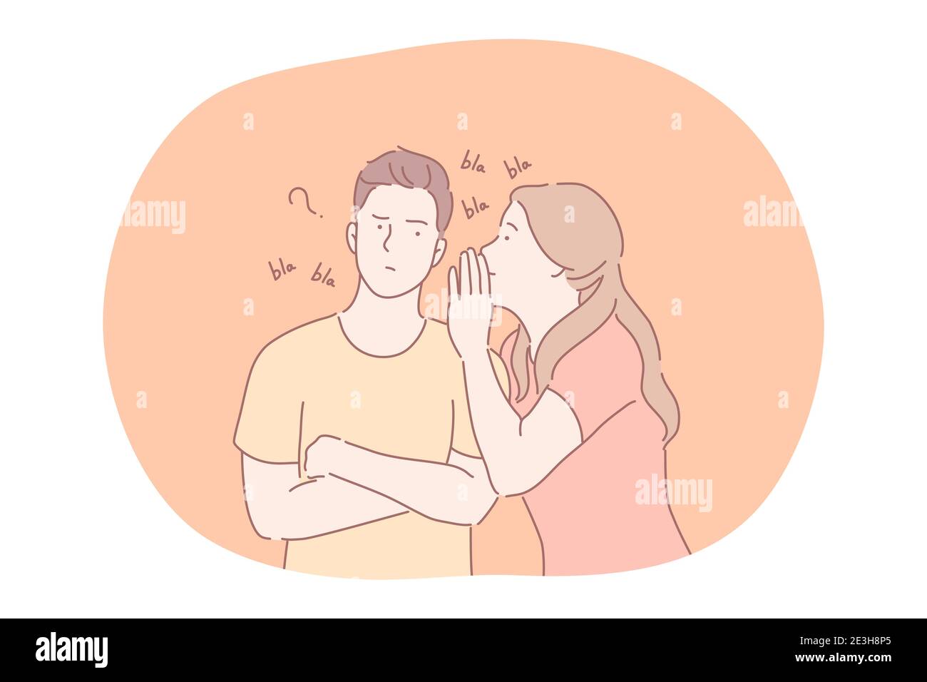 Secret, whisper, spreading information on ear concept. Young girl cartoon character whispering information and secrets to frustrated boy ear. Communic Stock Vector