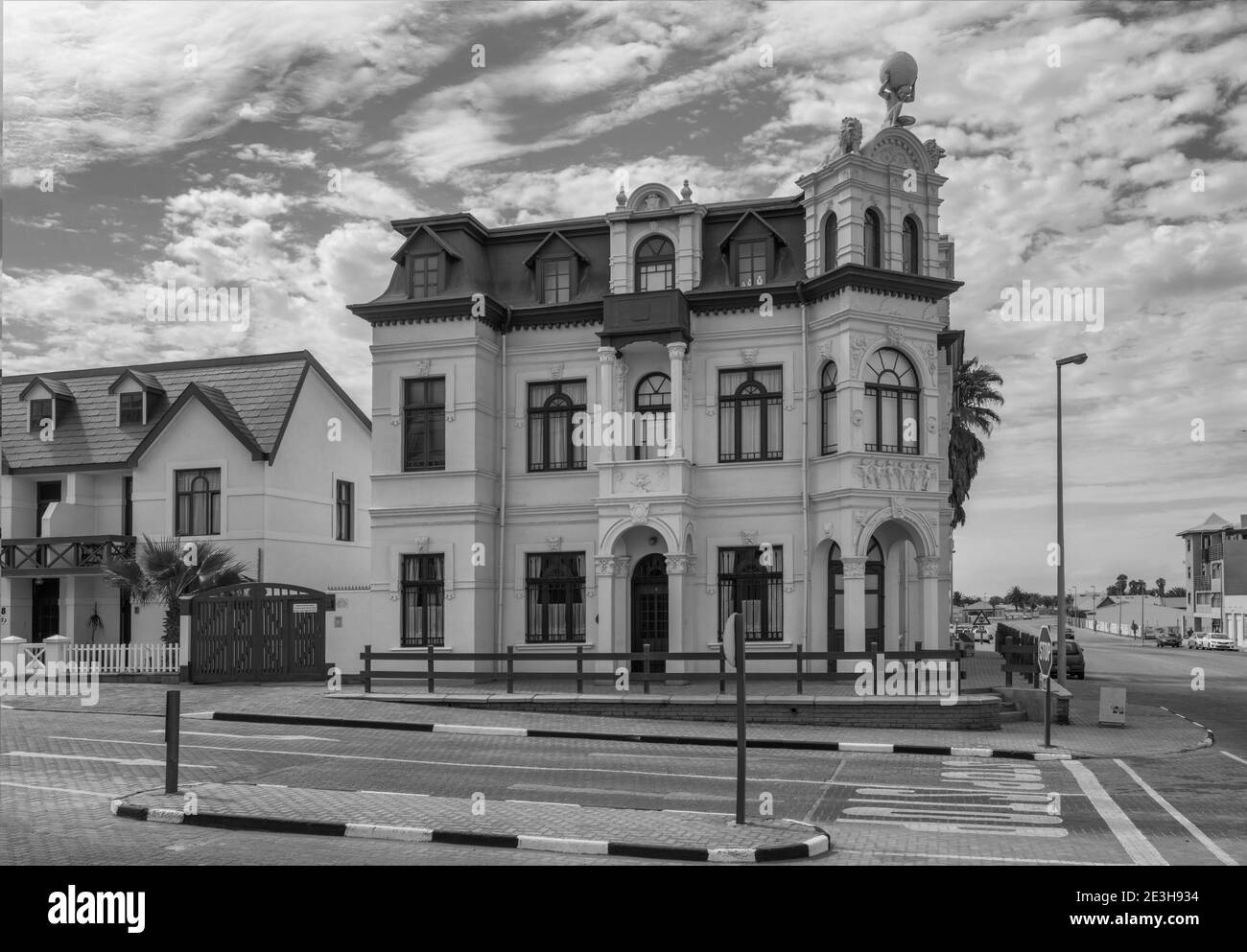 Old German colonial building in black and white, Swakopmund, Namibia Stock Photo