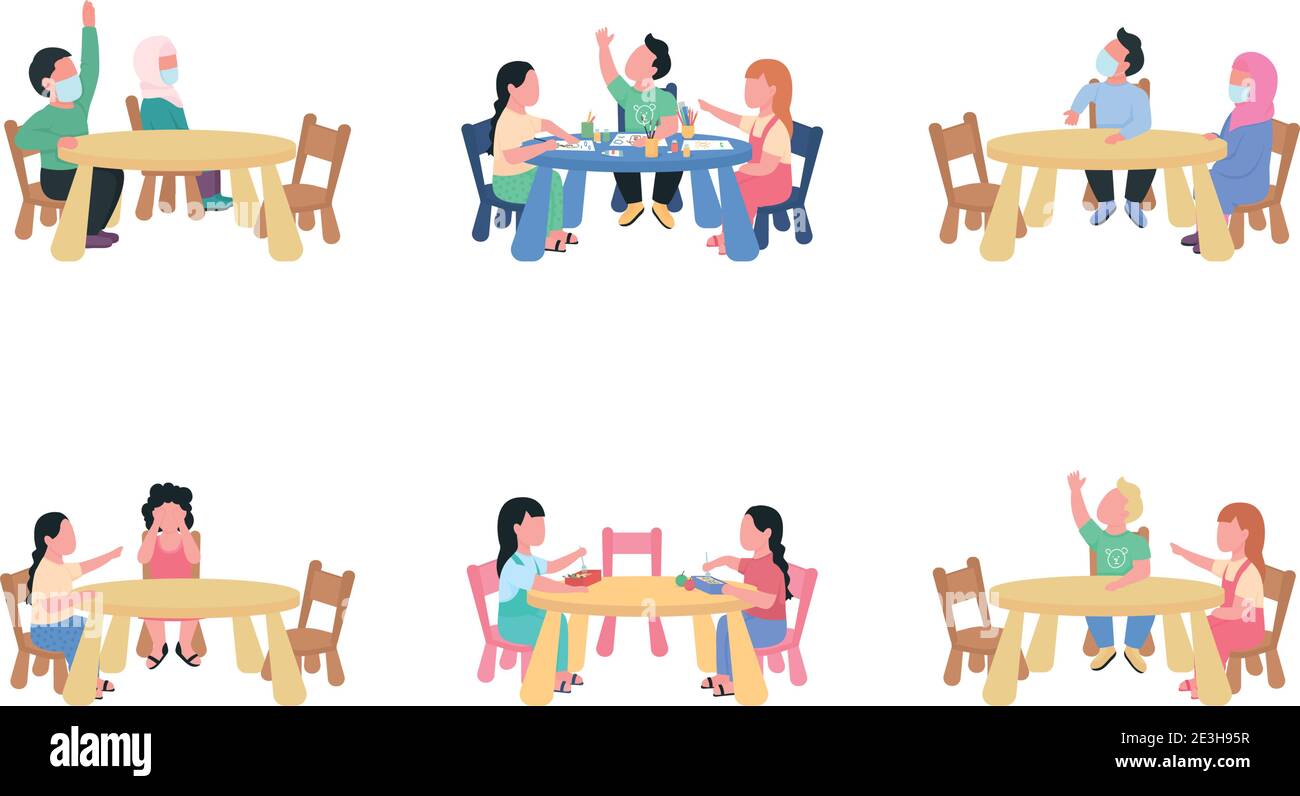 Kindergarten children sitting at table flat color vector faceless characters set Stock Vector