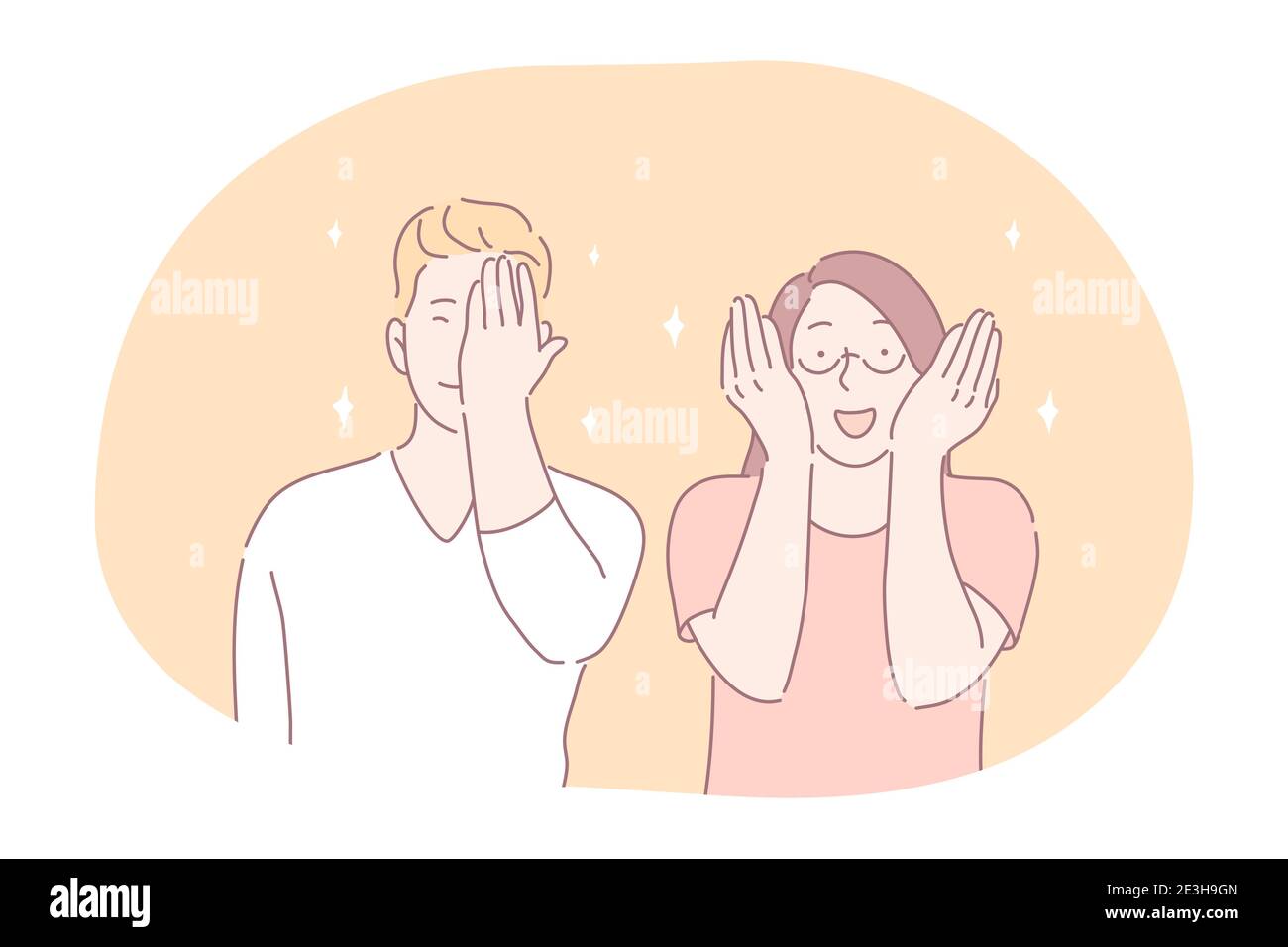 Flirting, embarrassment in couple concept. Young smiling girl and boy cartoon characters teens covering eyes and face with hands feeling positive emba Stock Vector