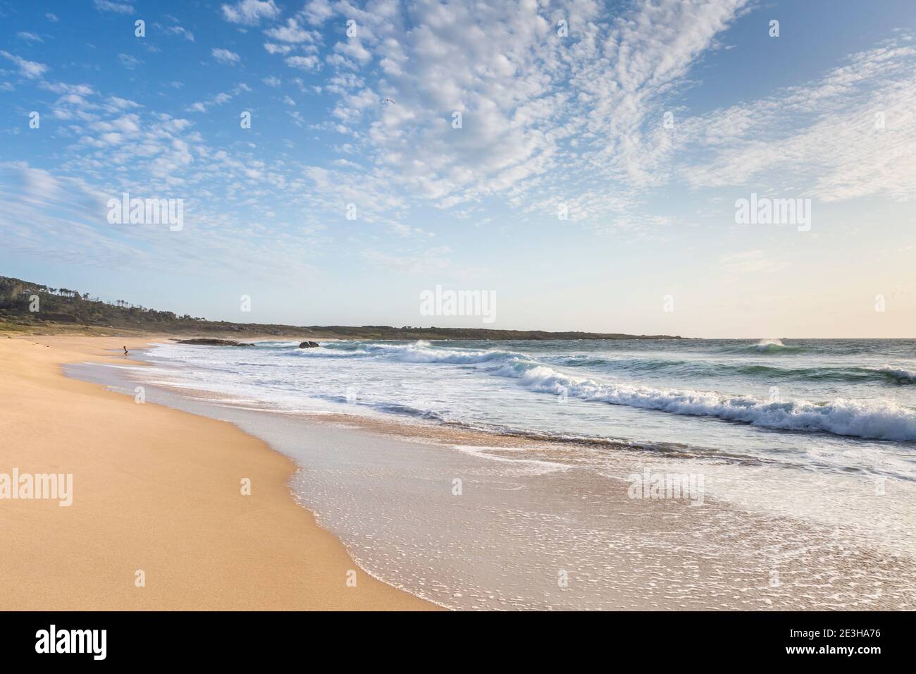Coast with beautiful sandy beach at sunset, Playa de Seráns, A Coruña, Atlantic Ocean, Galicia, Spain Stock Photo