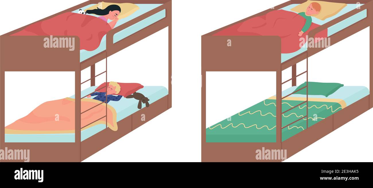 Children sleeping on bunk beds flat color vector faceless character set Stock Vector