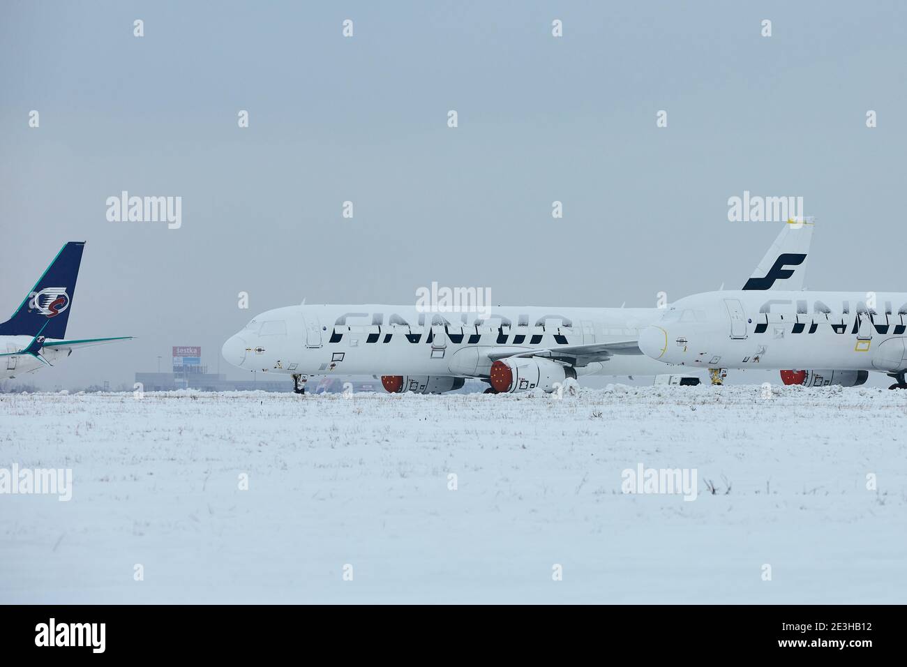 Prague, Czech Republic - January 18, 2021: Finnair airplanes  grounded and stored due global coronavirus crisis at Prague Airport. Stock Photo
